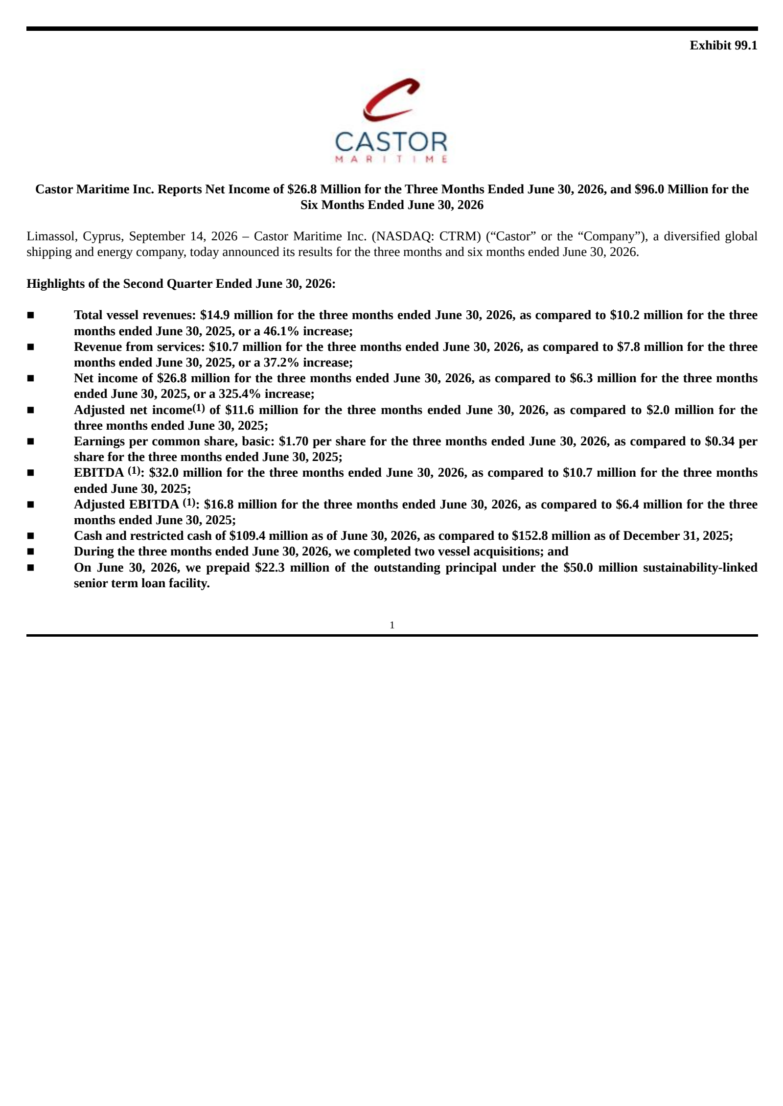 Castor Maritime's Q2 2026 Press Release