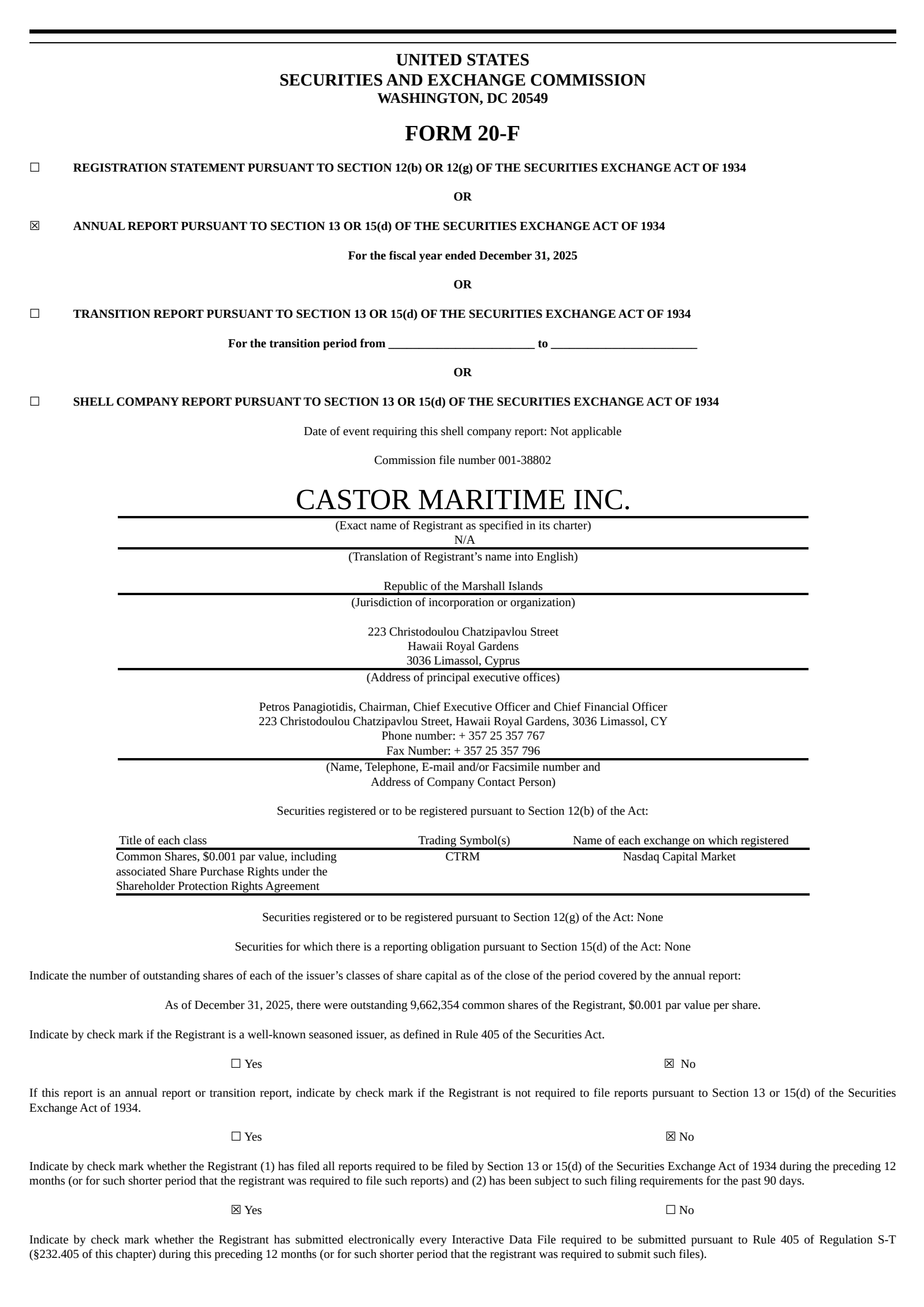 Castor Maritime's Q4 2025 Annual report