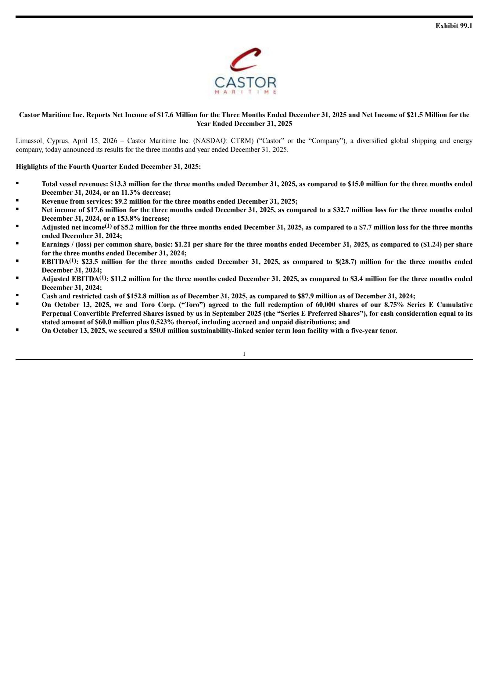 Castor Maritime's Q4 2025 Press Release