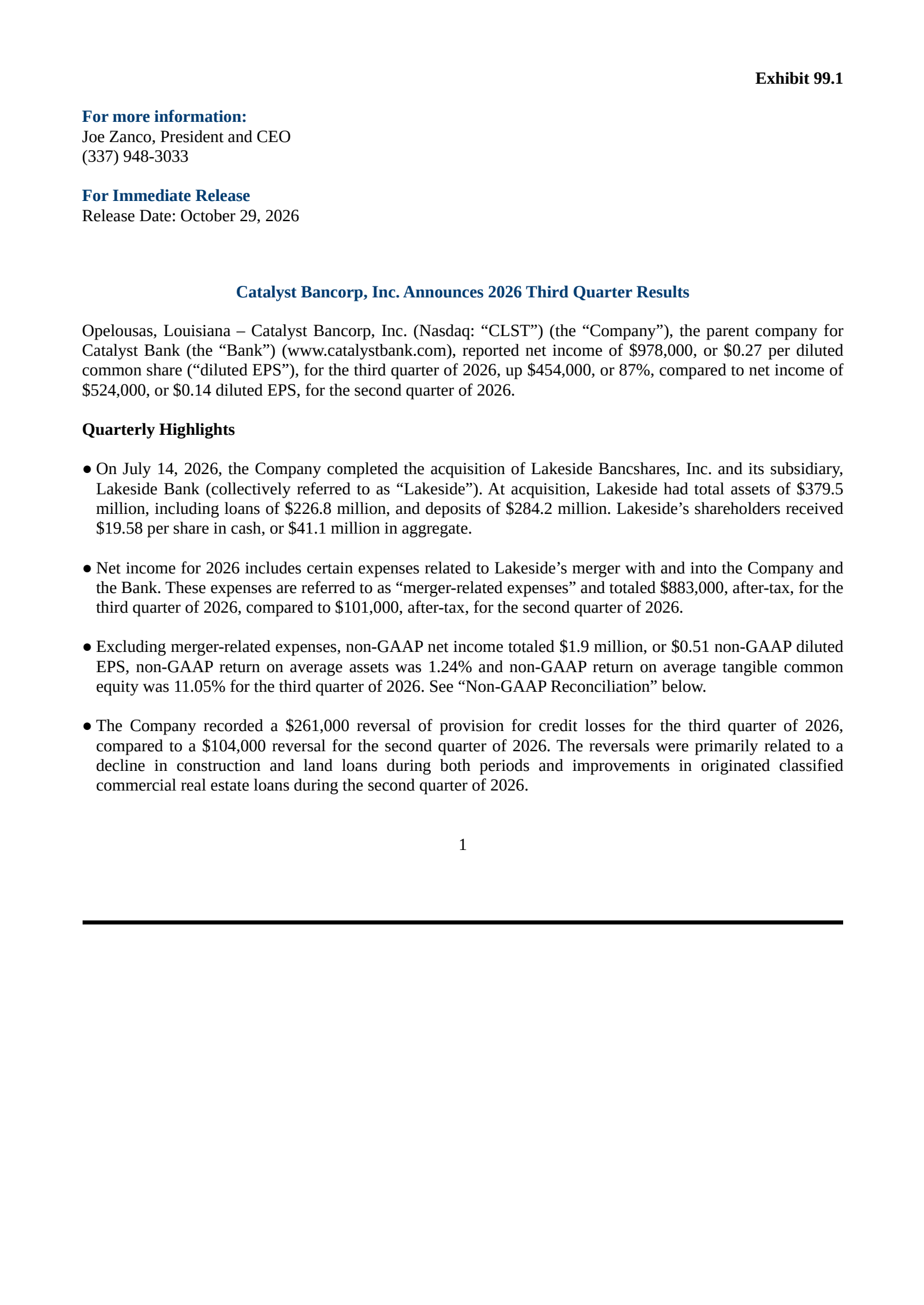 Catalyst Bancorp's Q3 2026 Press Release