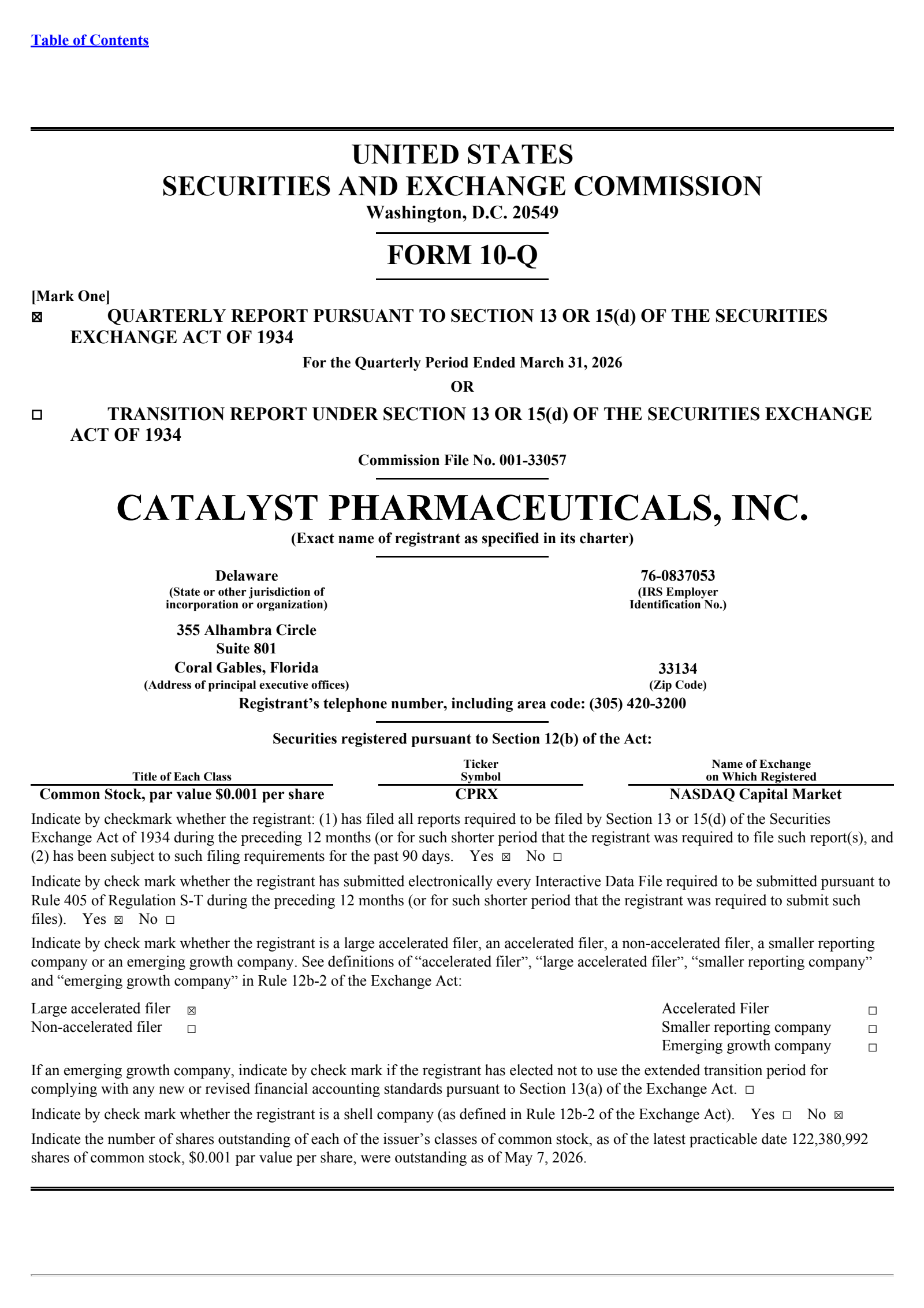 Catalyst Pharmaceuticals' Q1 2026 Quarterly report