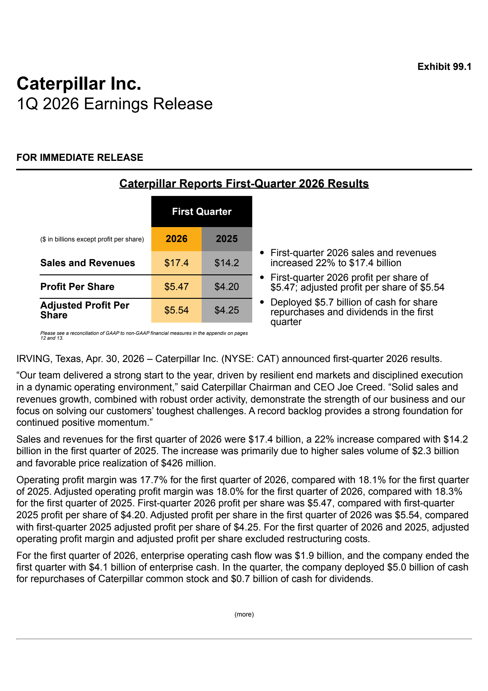 Caterpillar's Q1 2026 Press Release