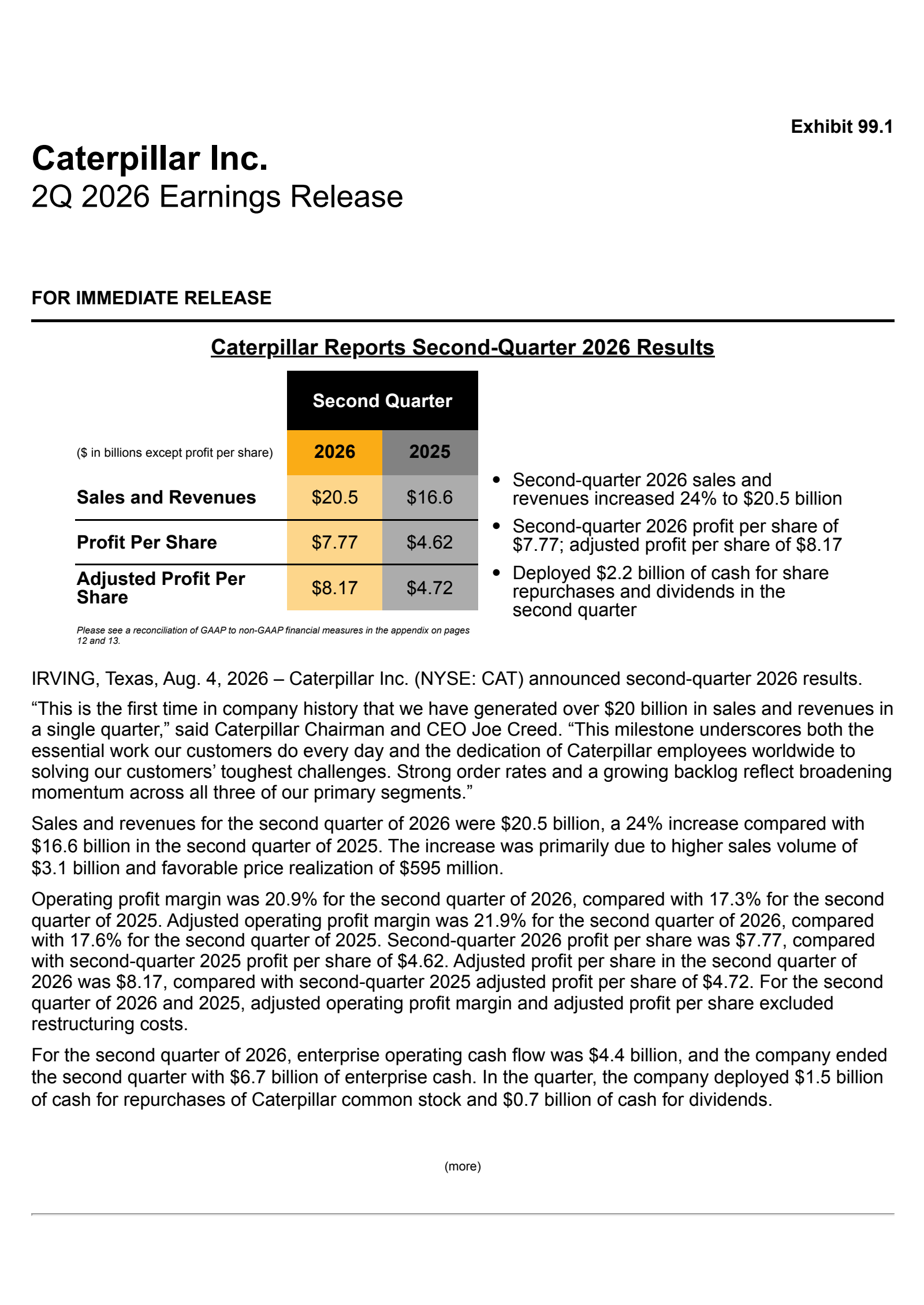 Caterpillar's Q2 2026 Press Release