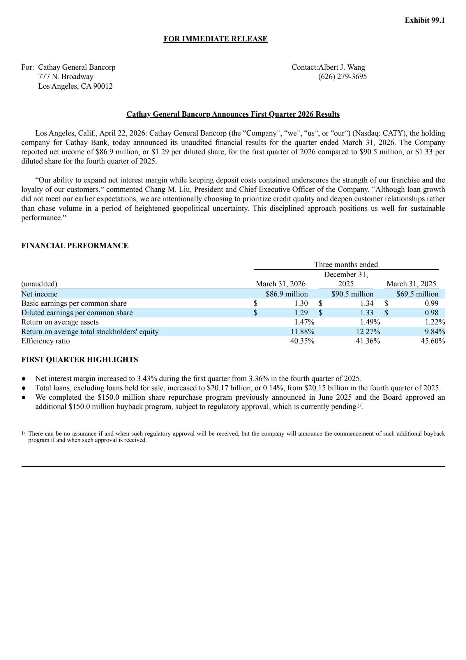 Cathay General Bancorp's Q1 2026 Press Release