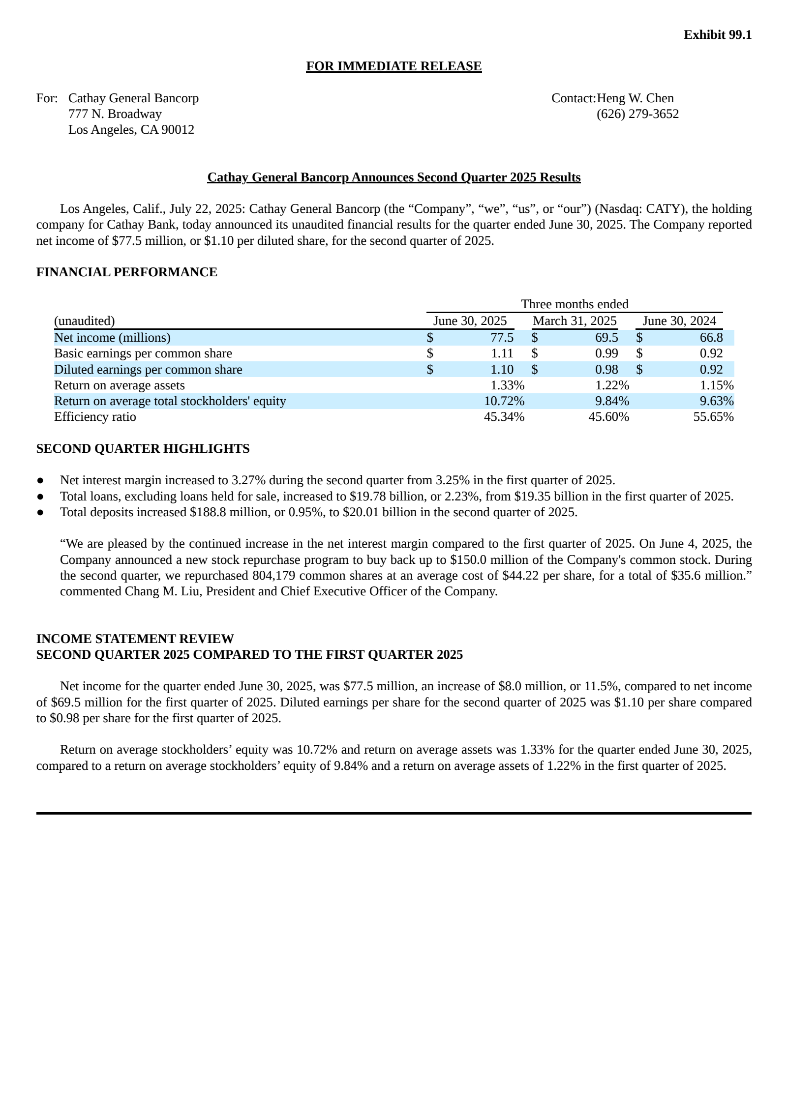 Cathay General Bancorp's Q2 2025 Press Release