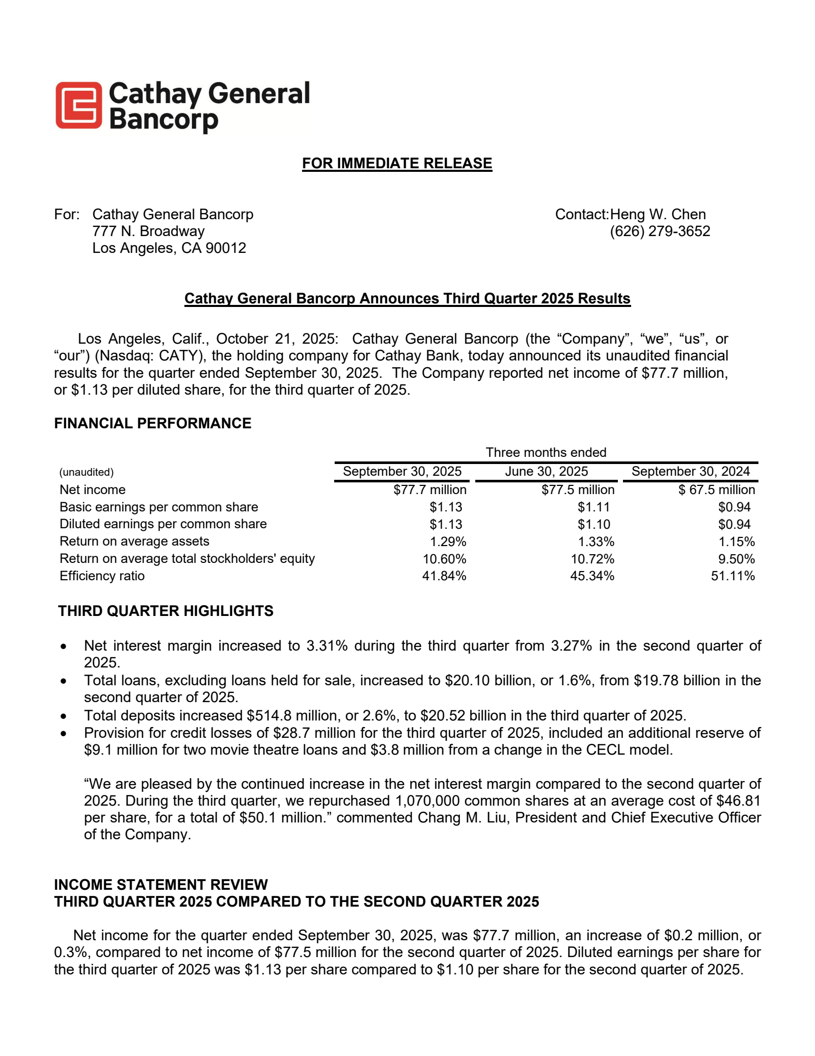 Cathay General Bancorp's Q3 2025 Earnings Release