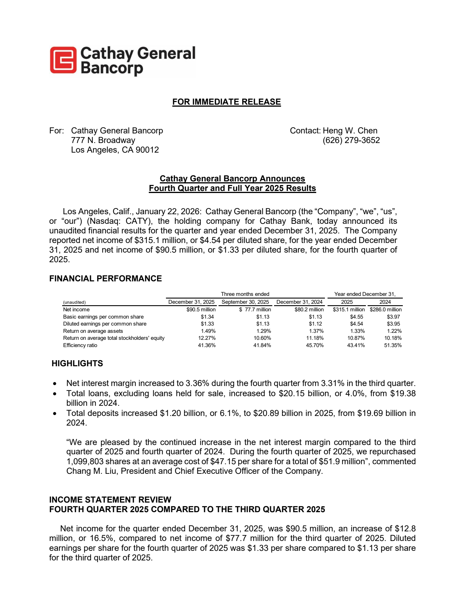 Cathay General Bancorp's Q4 2025 Press Release