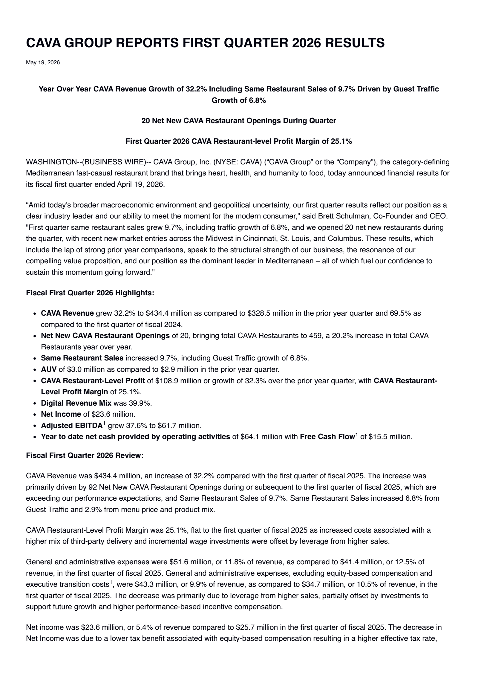 CAVA Group's Q1 2026 Press Release