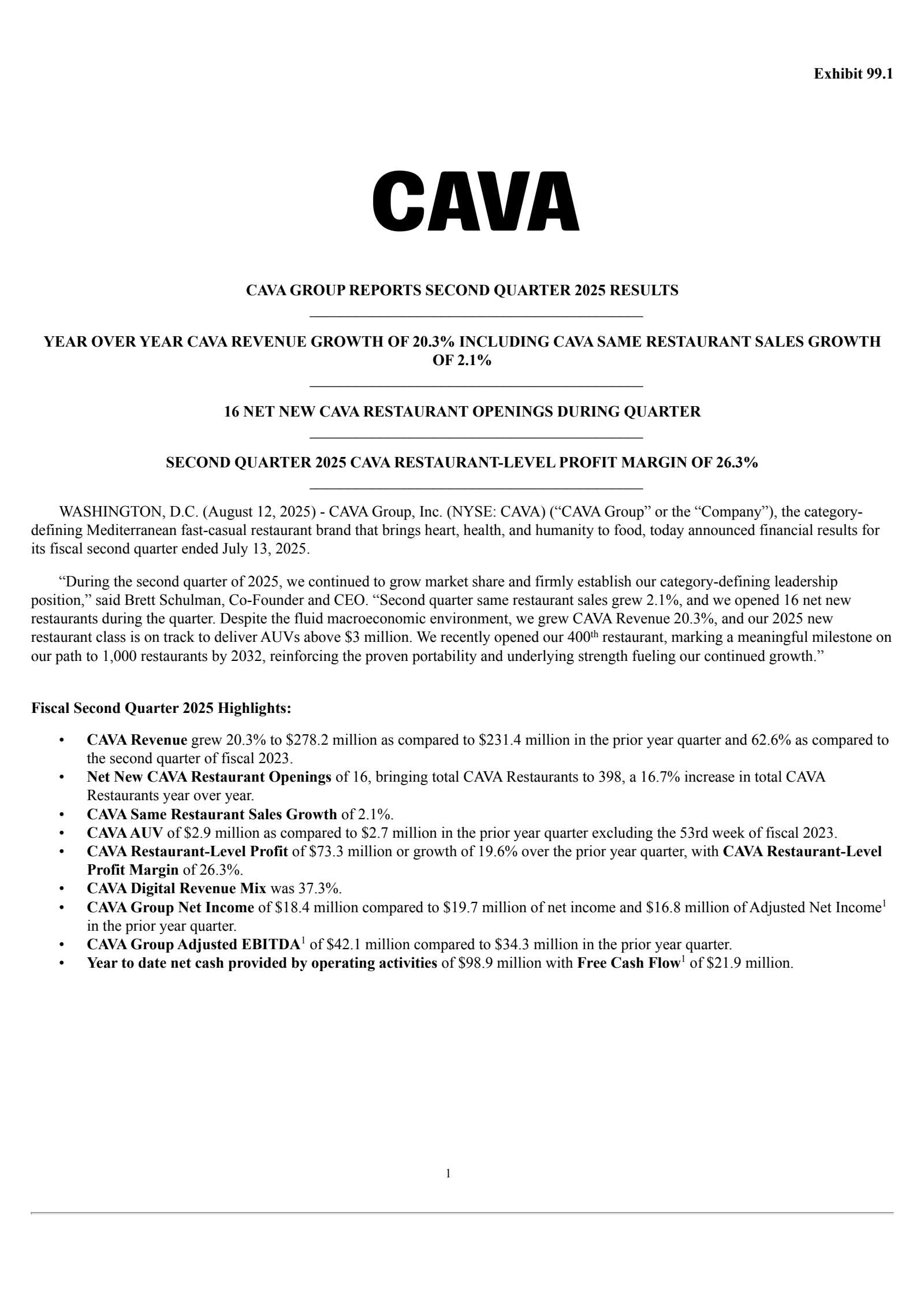 CAVA Group's Q2 2025 Press Release
