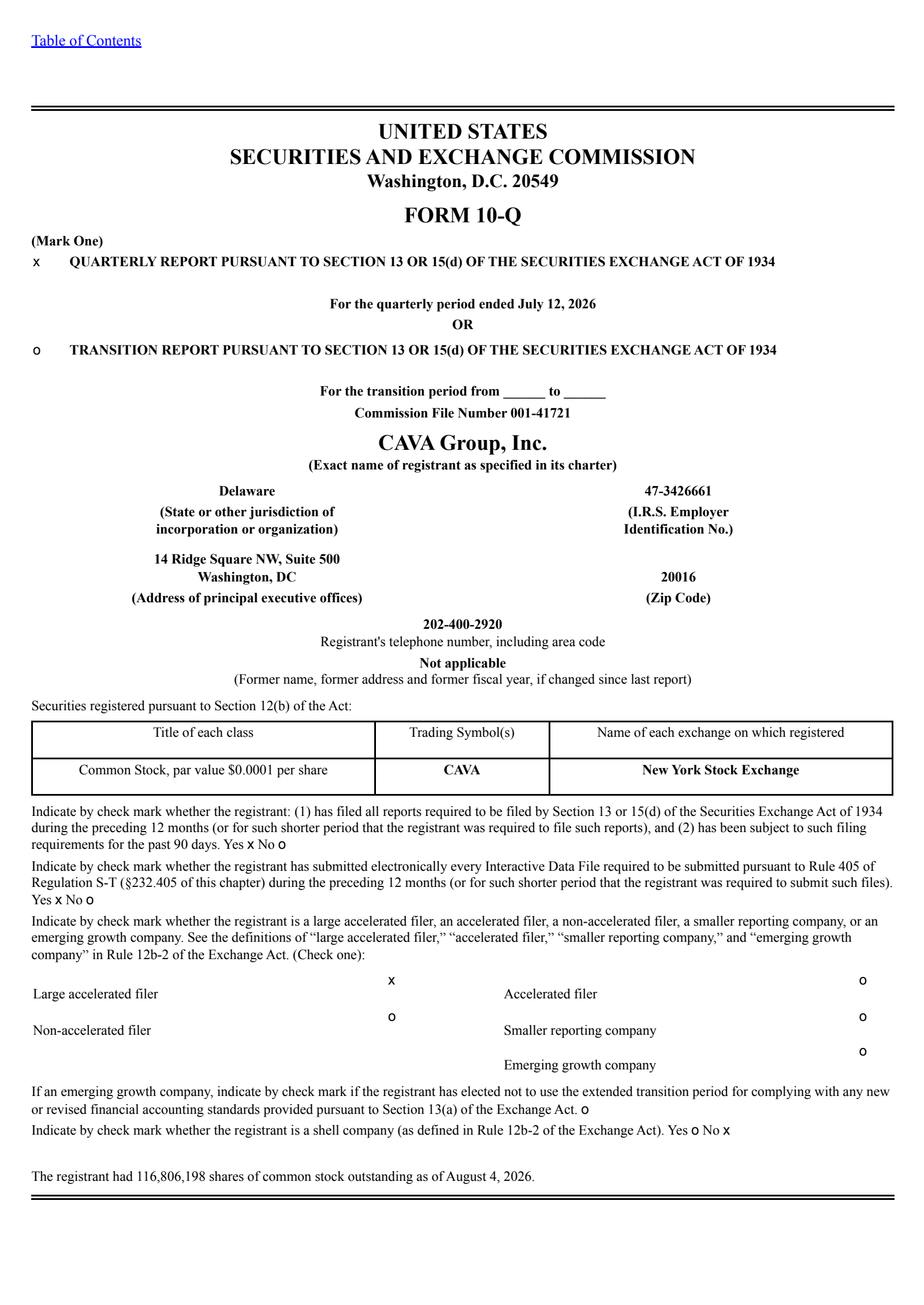 CAVA Group's Q2 2026 Quarterly report