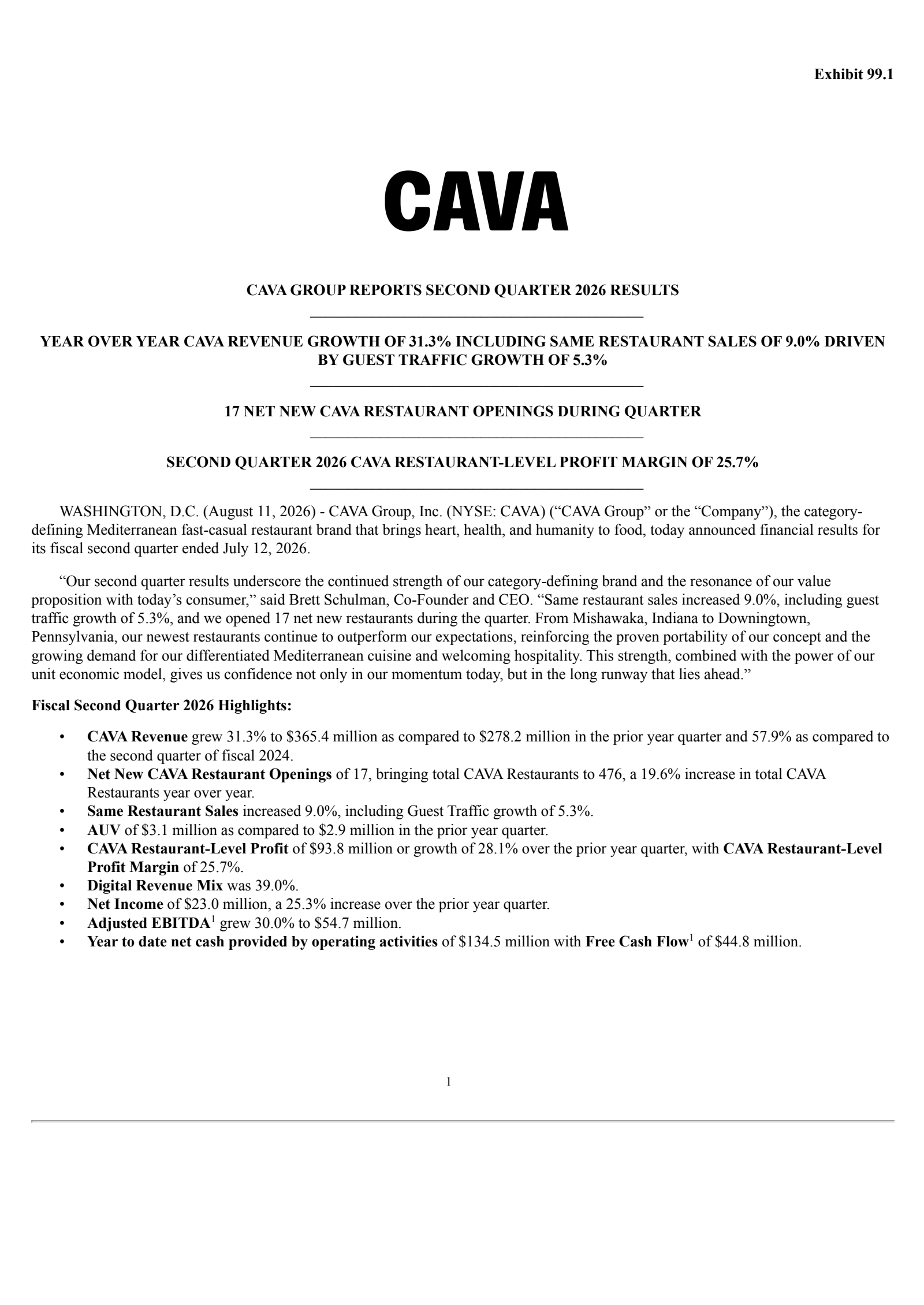 CAVA Group's Q2 2026 Press Release