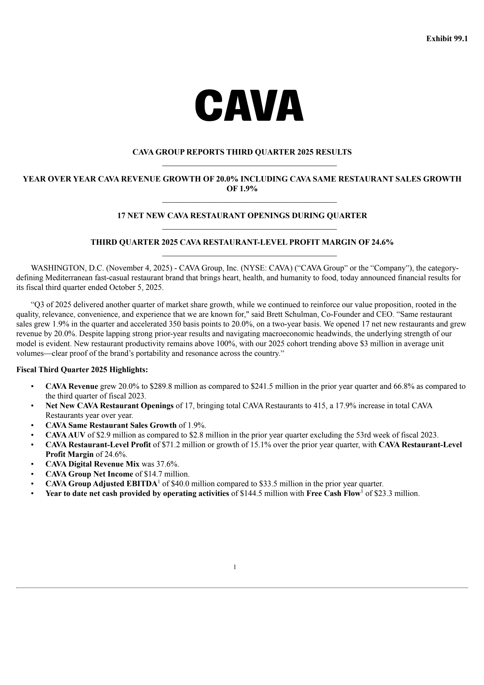 CAVA Group's Q3 2025 Earnings Release