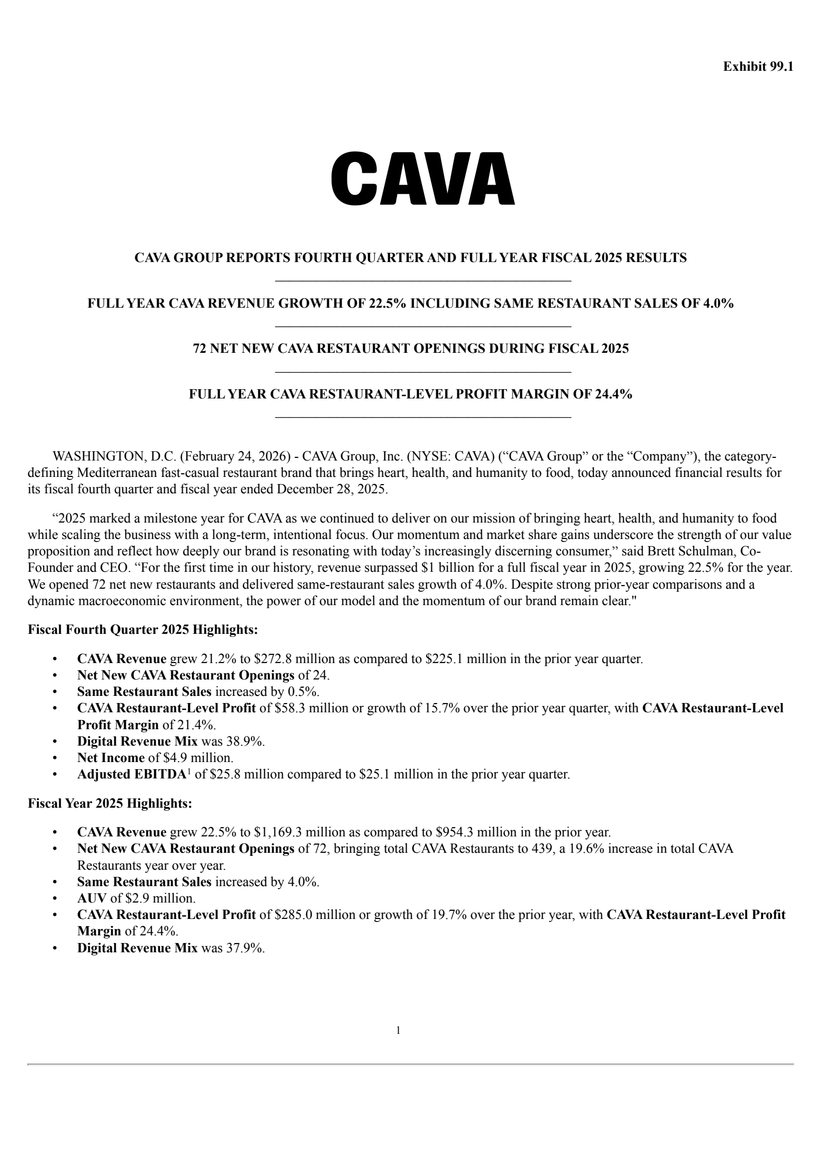 CAVA Group's Q4 2025 Press Release