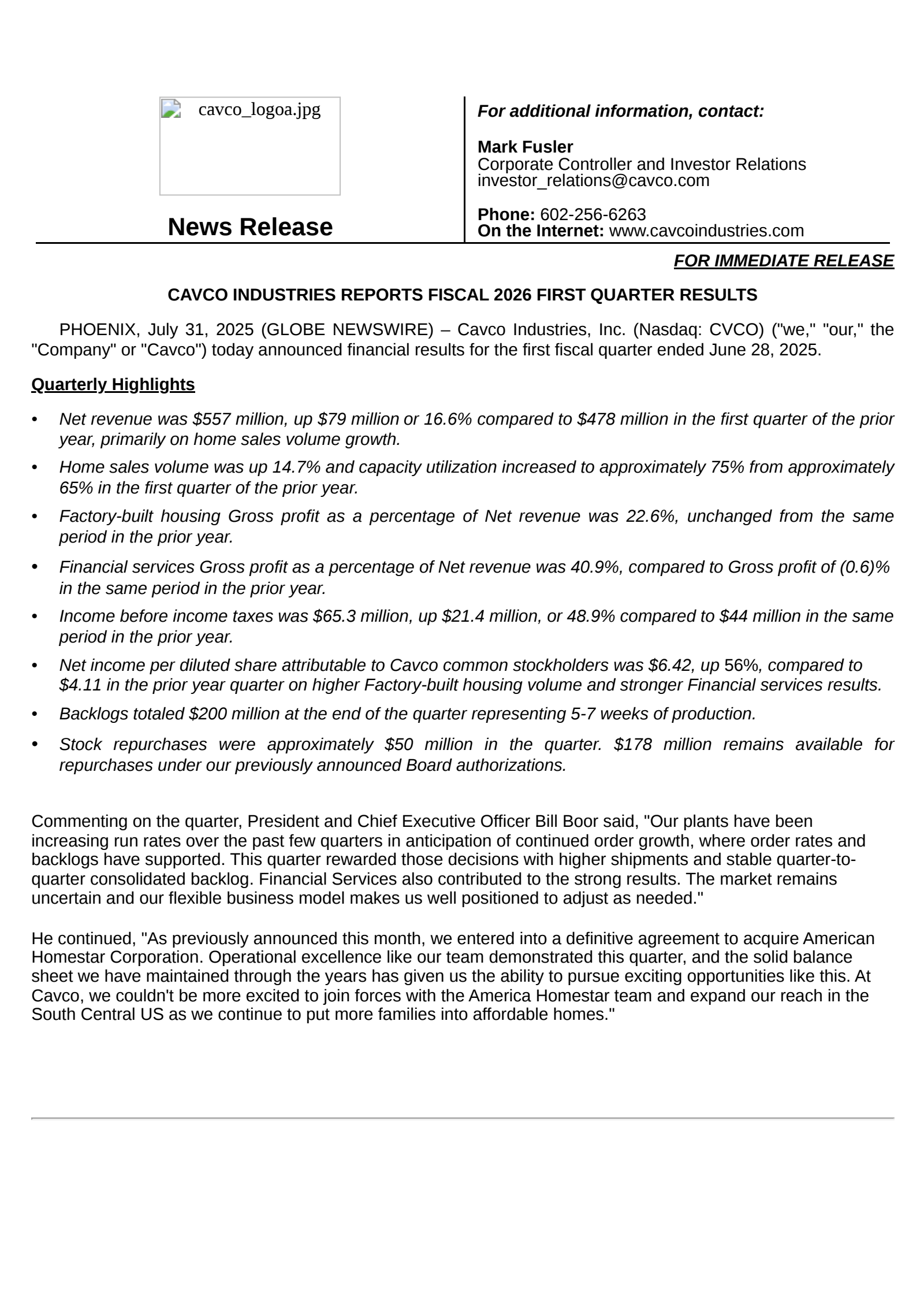 Cavco Industries' Q1 2026 Press Release