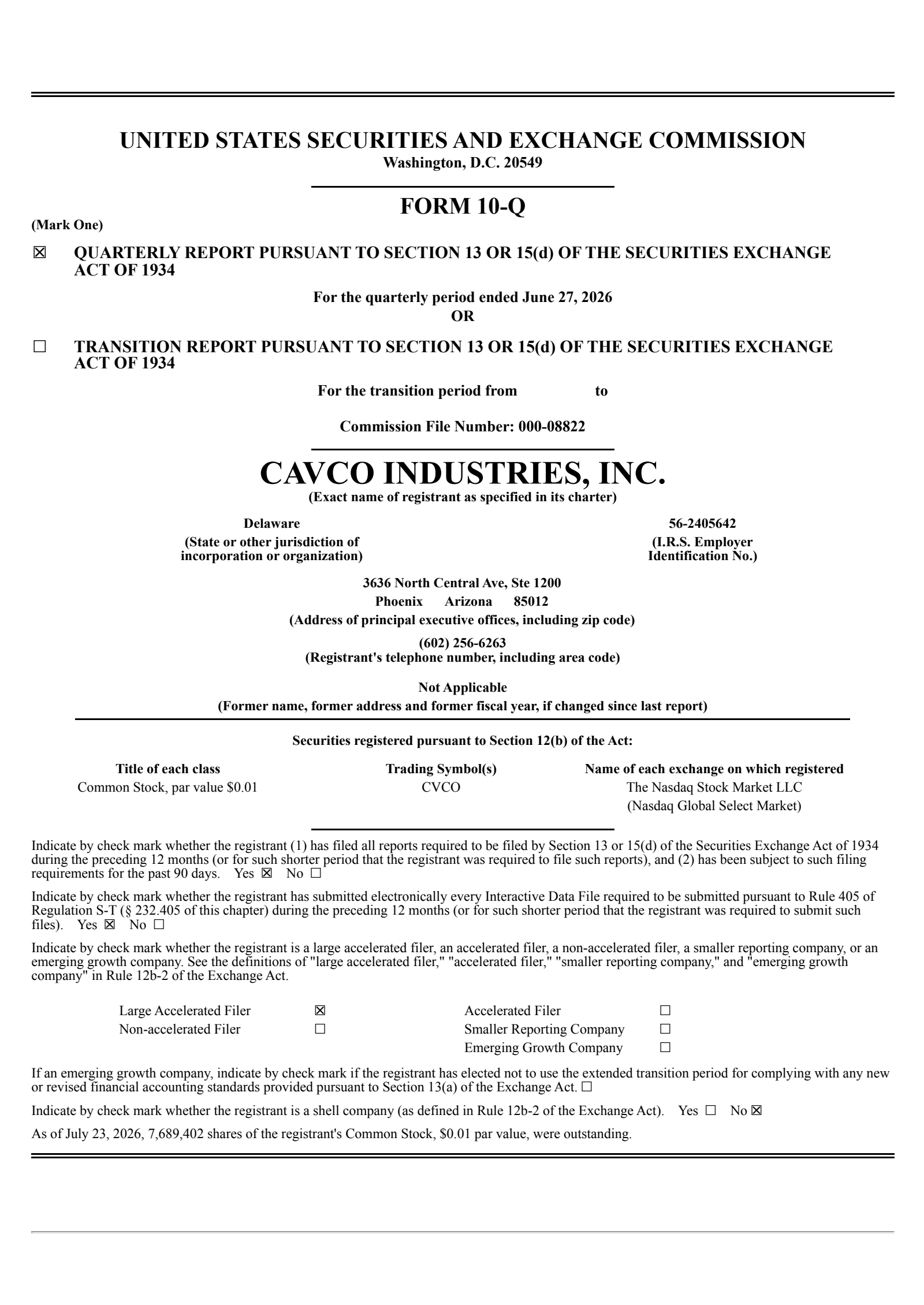 Cavco Industries' Q1 2027 Quarterly report