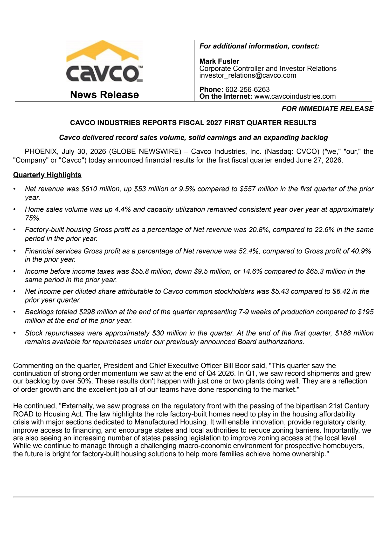 Cavco Industries' Q1 2027 Press Release