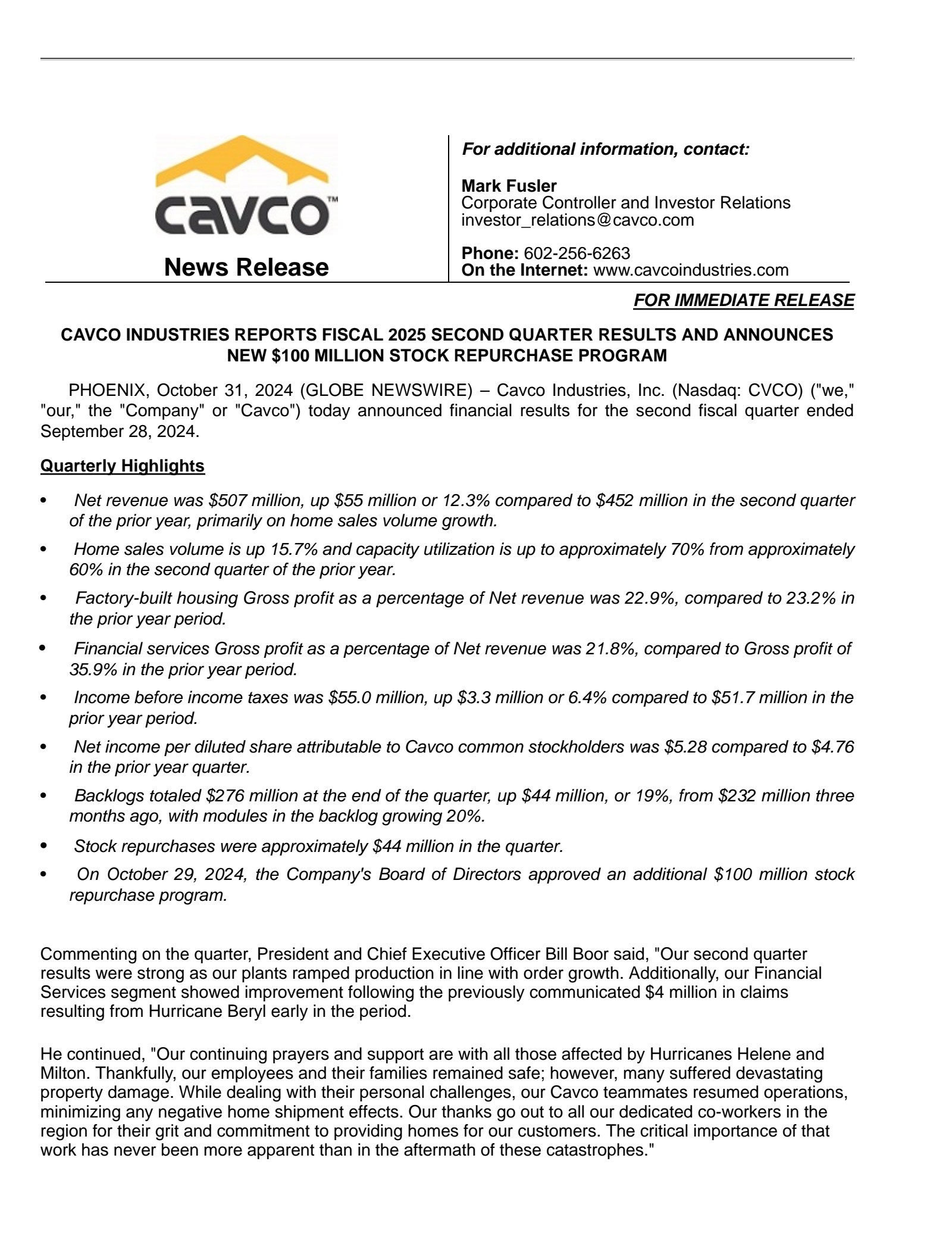 Cavco Industries' Q2 2025 Press Release