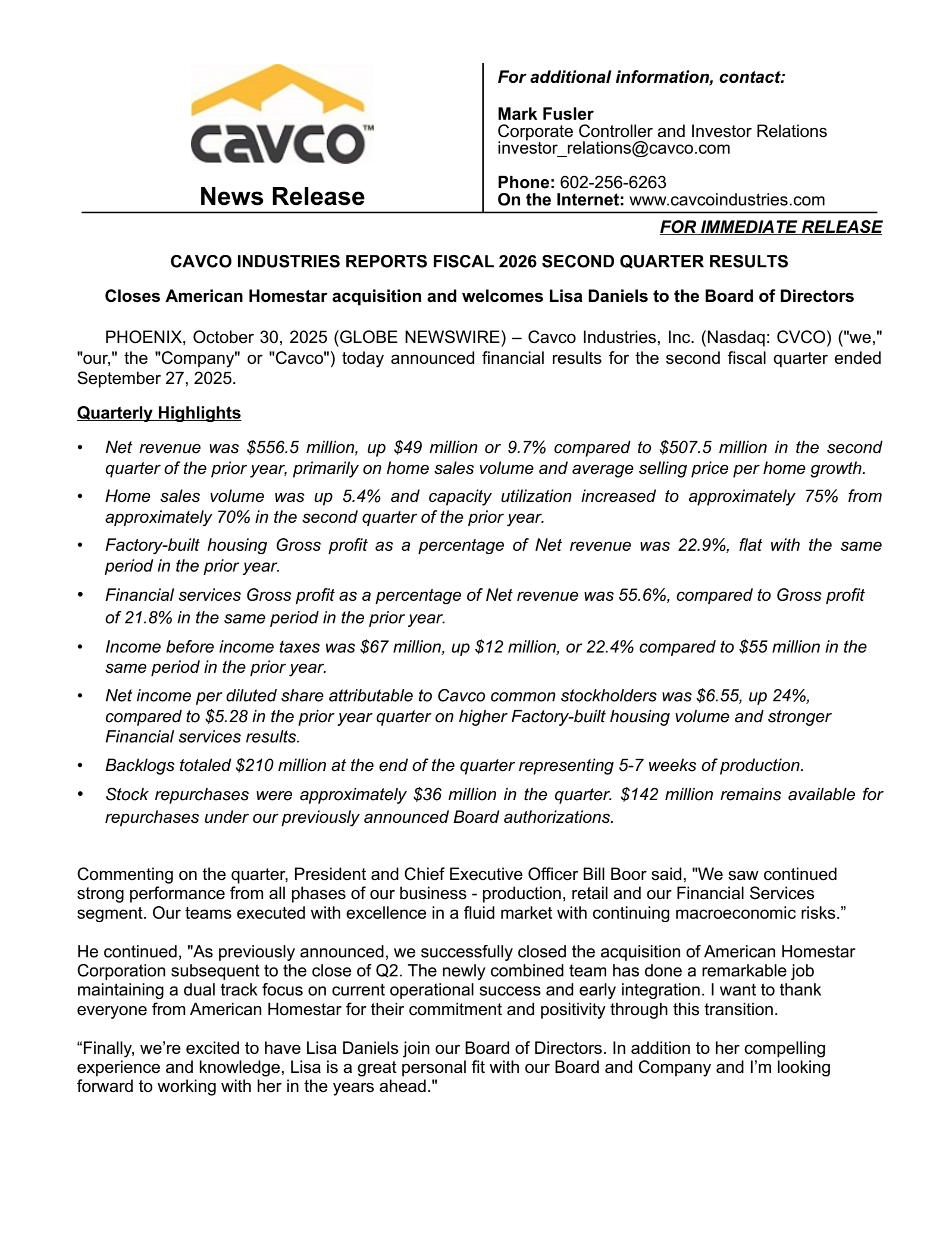 Cavco Industries' Q2 2026 Earnings Release
