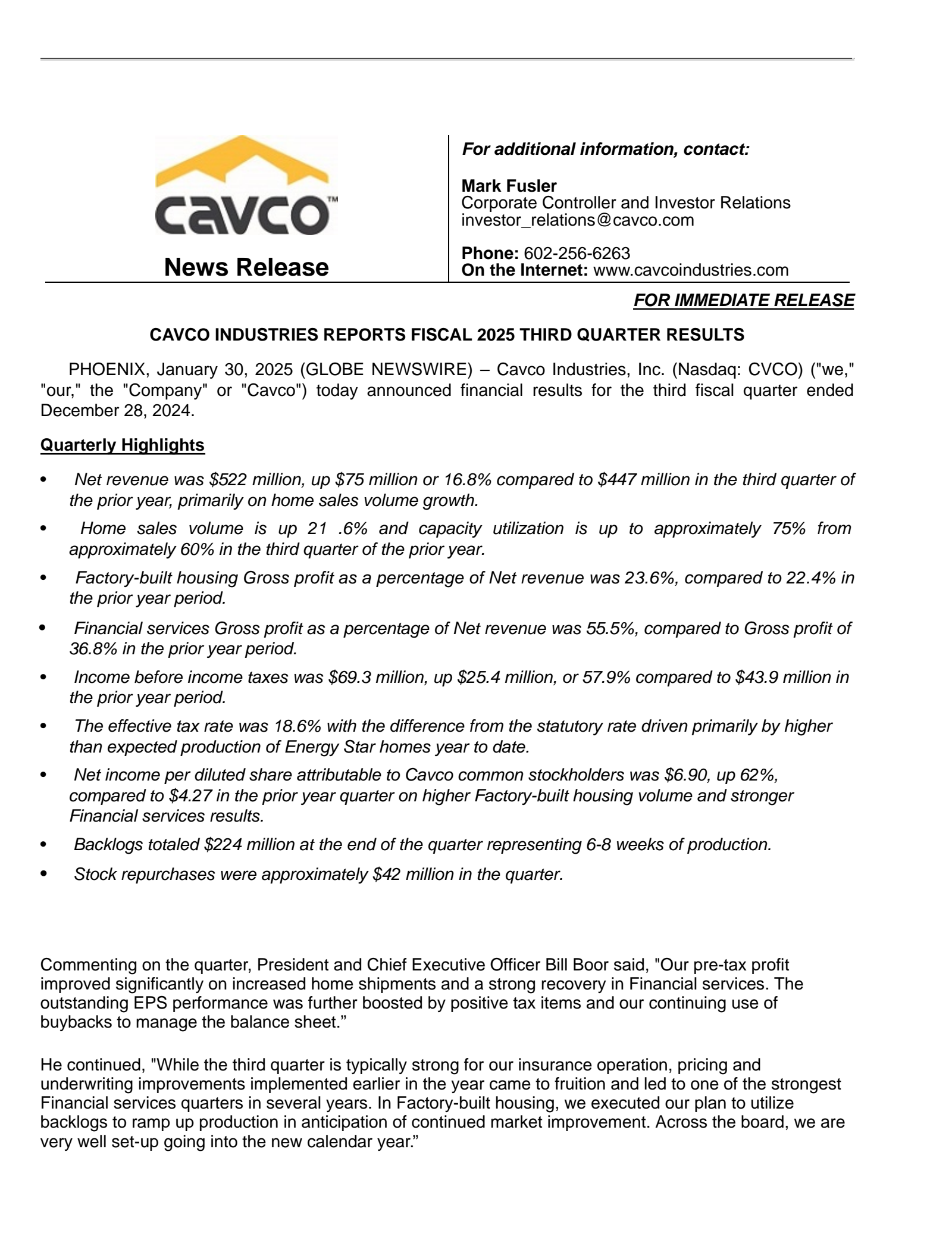 Cavco Industries' Q3 2025 Press Release