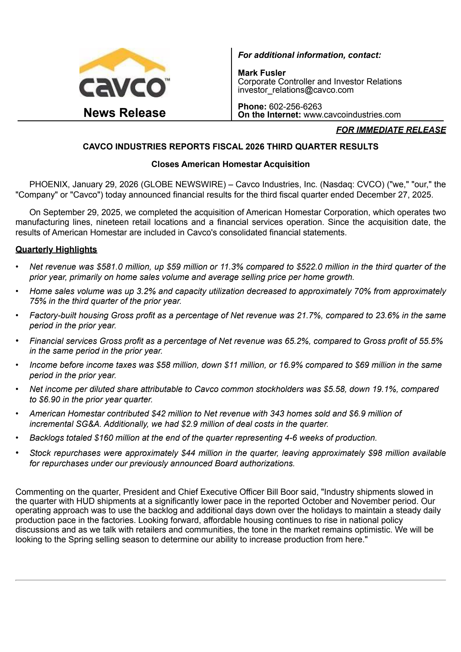Cavco Industries' Q3 2026 Press Release