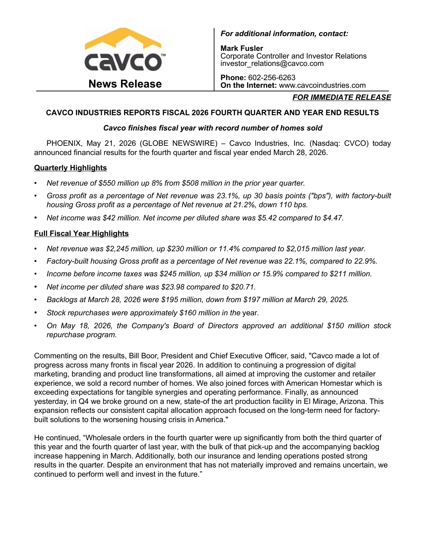 Cavco Industries' Q4 2026 Press Release