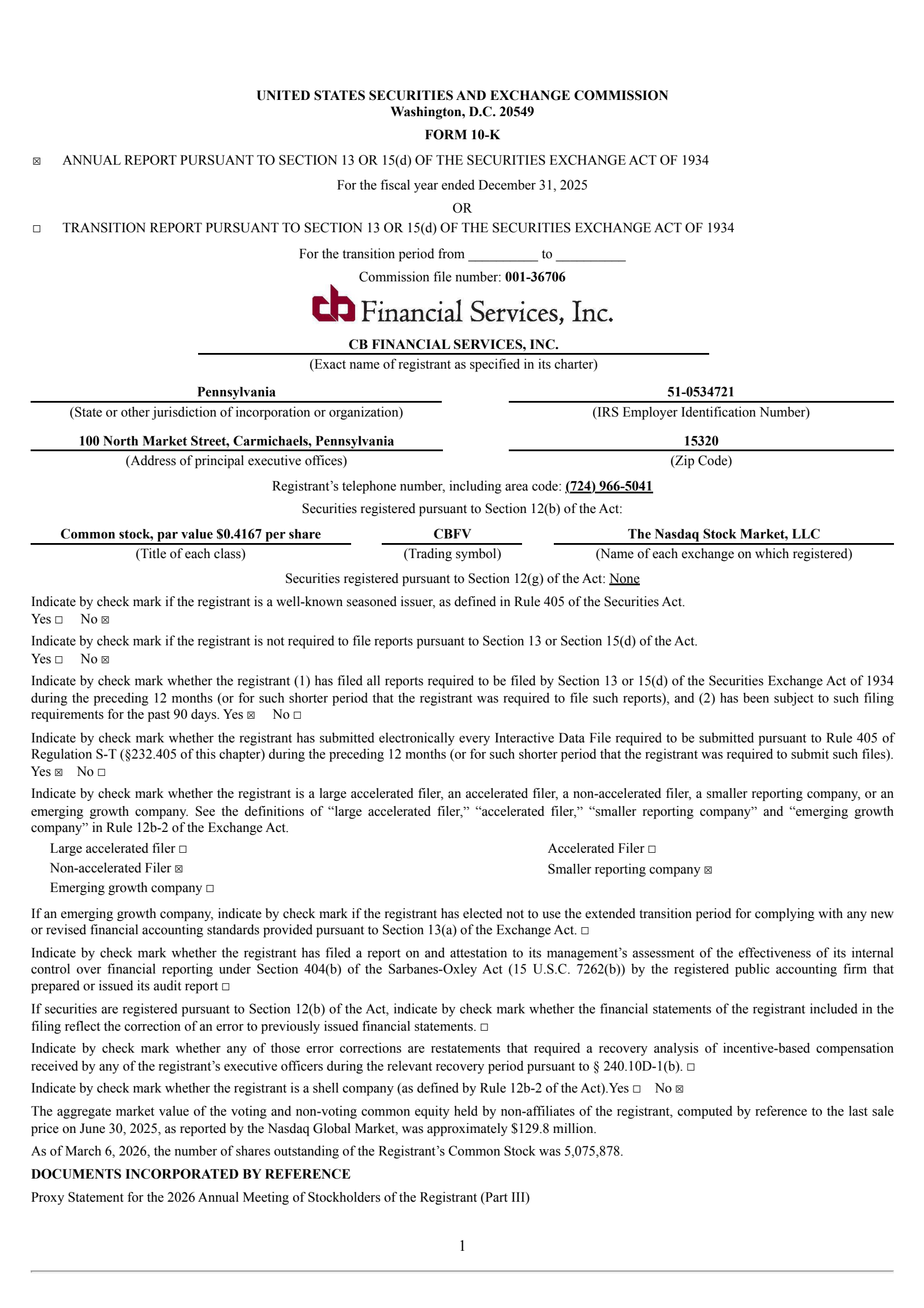 CB Financial Services' Q4 2025 Annual report