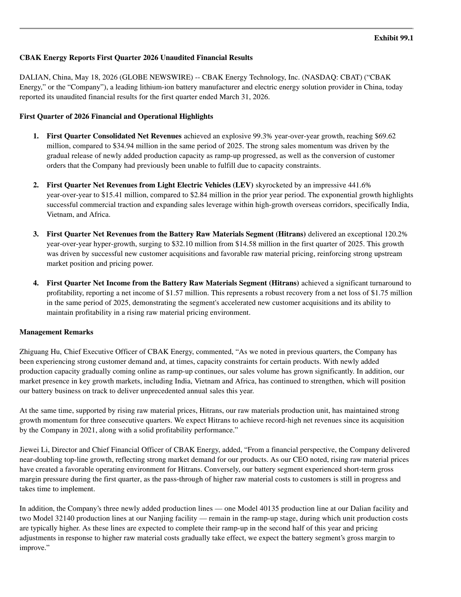 China BAK Battery's Q1 2026 Press Release