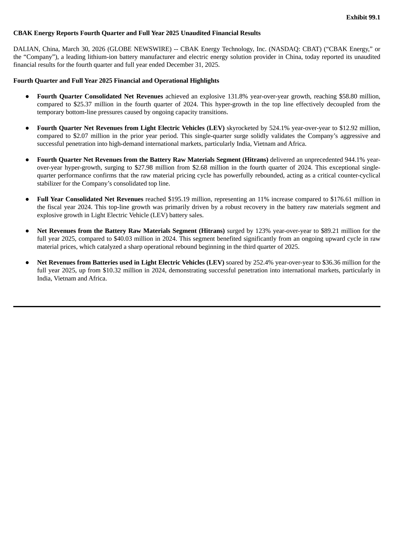 China BAK Battery's Q4 2025 Press Release