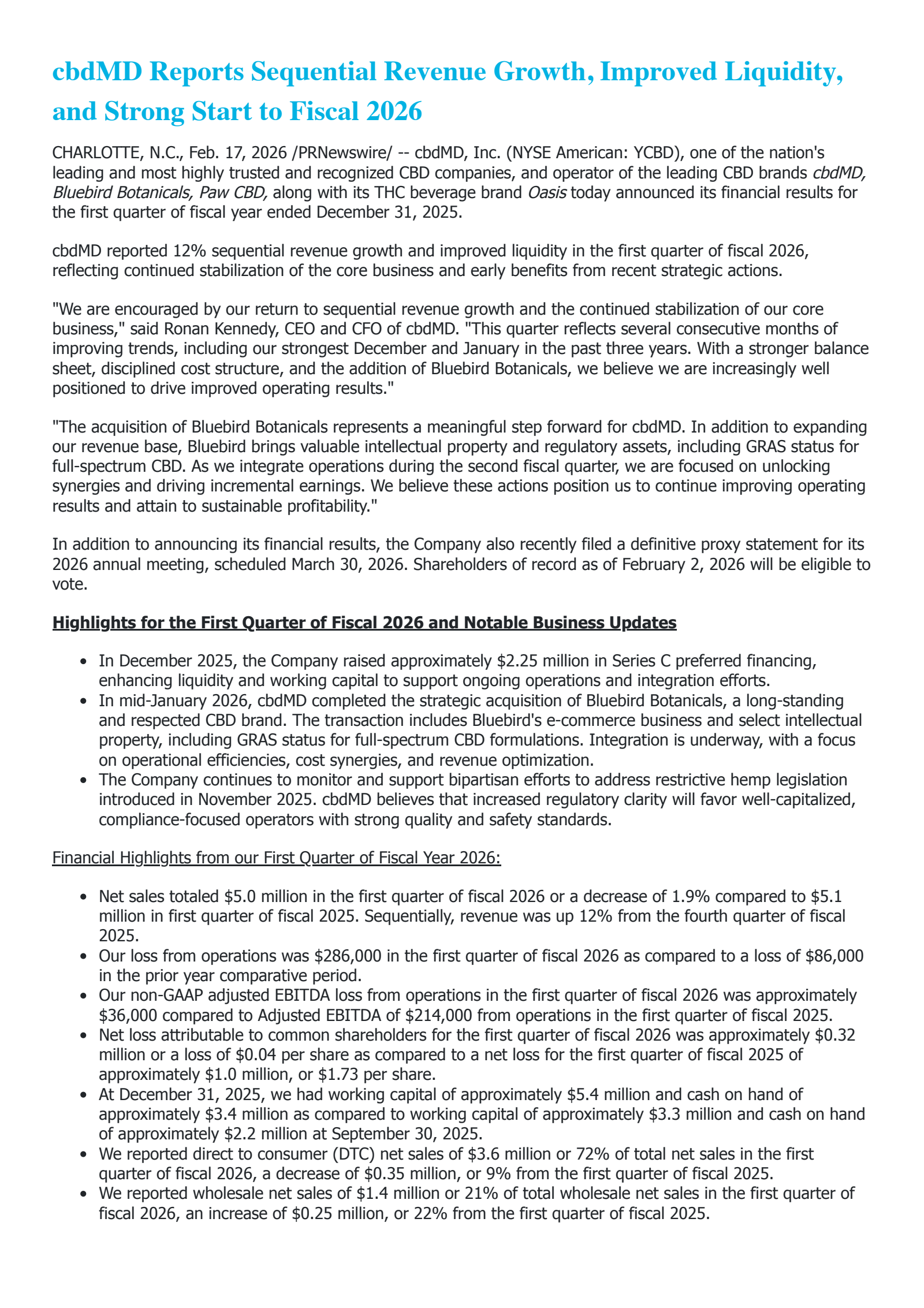 cbdMD's Q1 2026 Press Release
