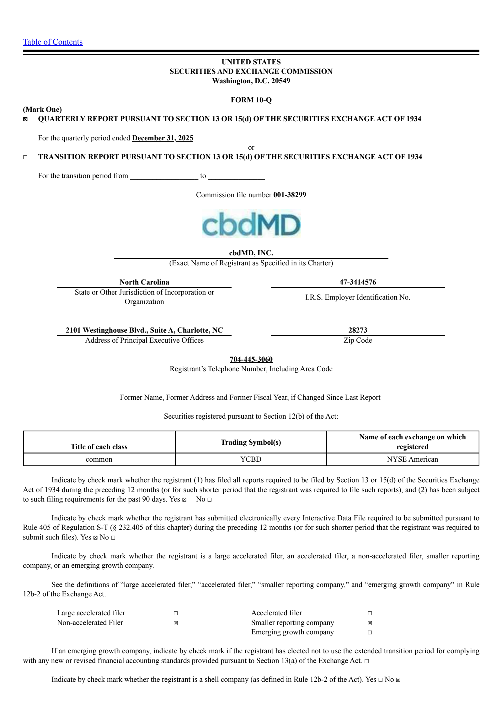 cbdMD's Q1 2026 Quarterly report