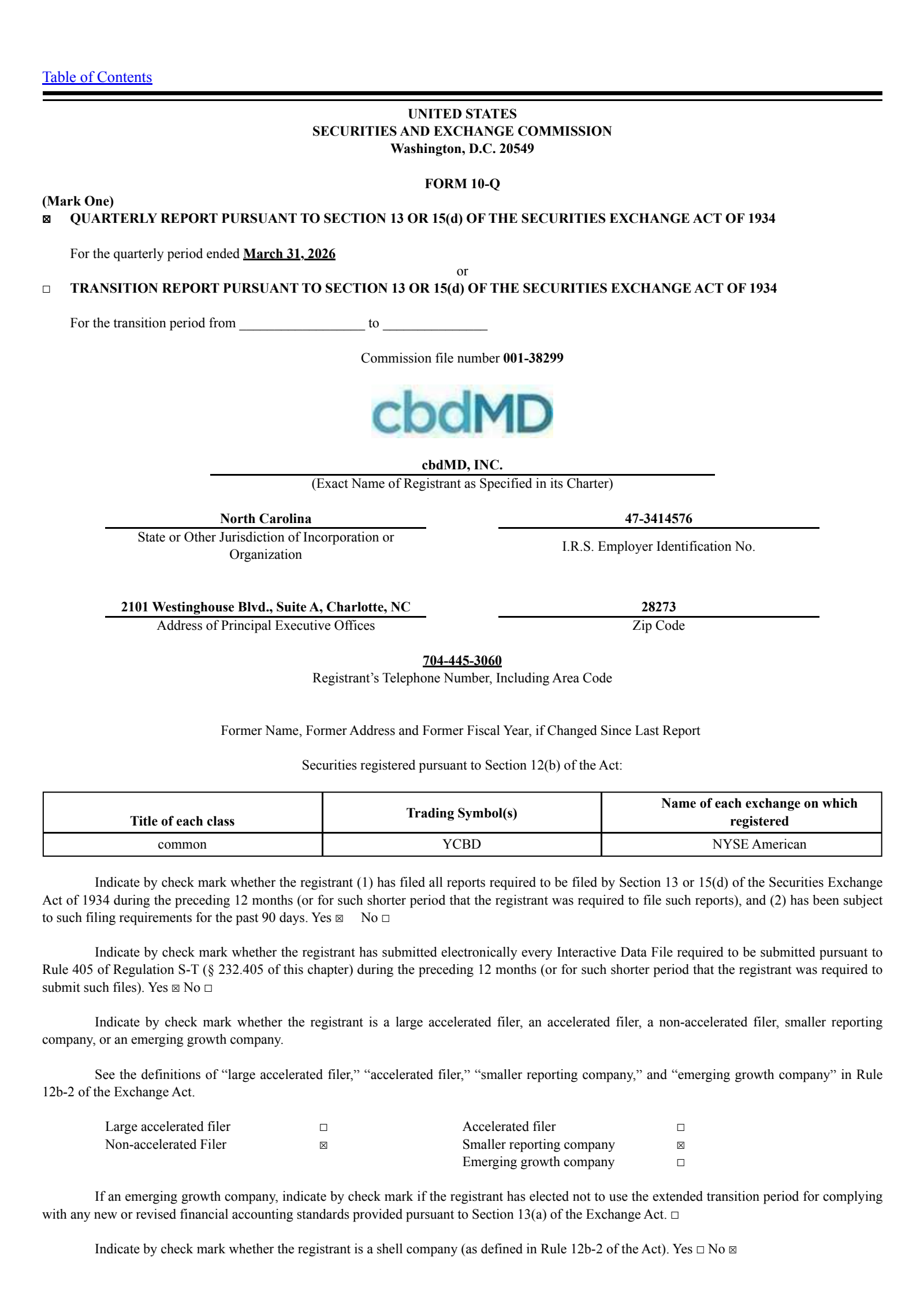 cbdMD's Q2 2026 Quarterly report