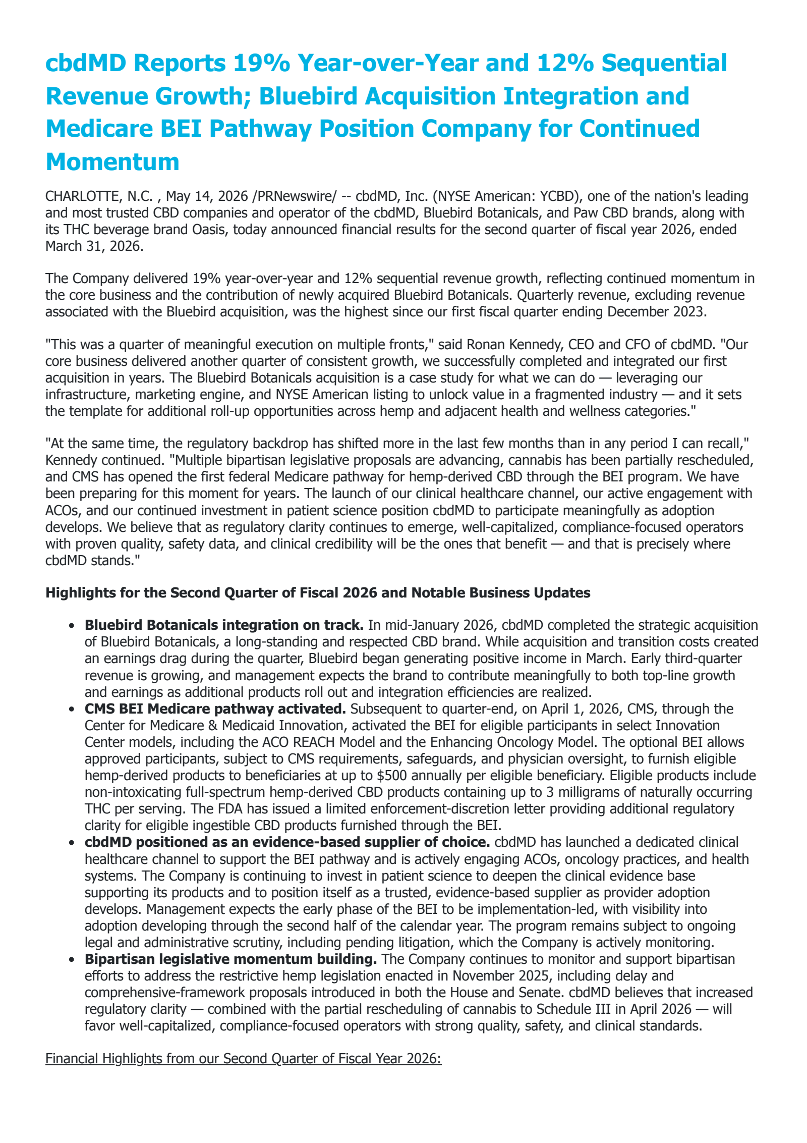 cbdMD's Q2 2026 Press Release