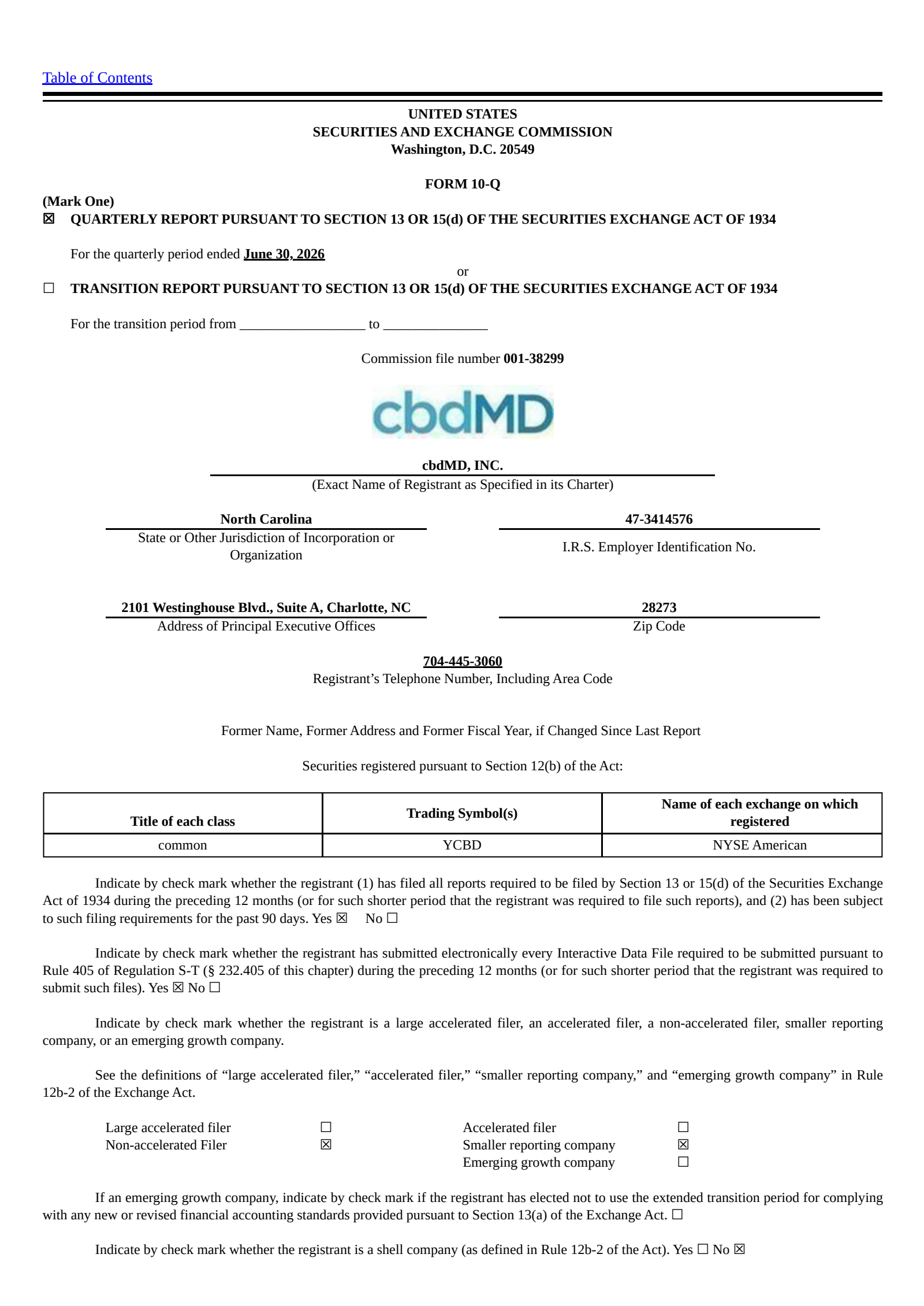 cbdMD's Q3 2026 Quarterly report