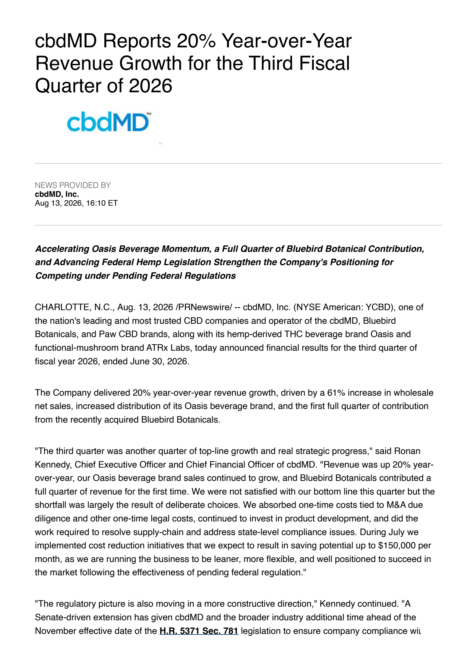 cbdMD's Q3 2026 Press Release