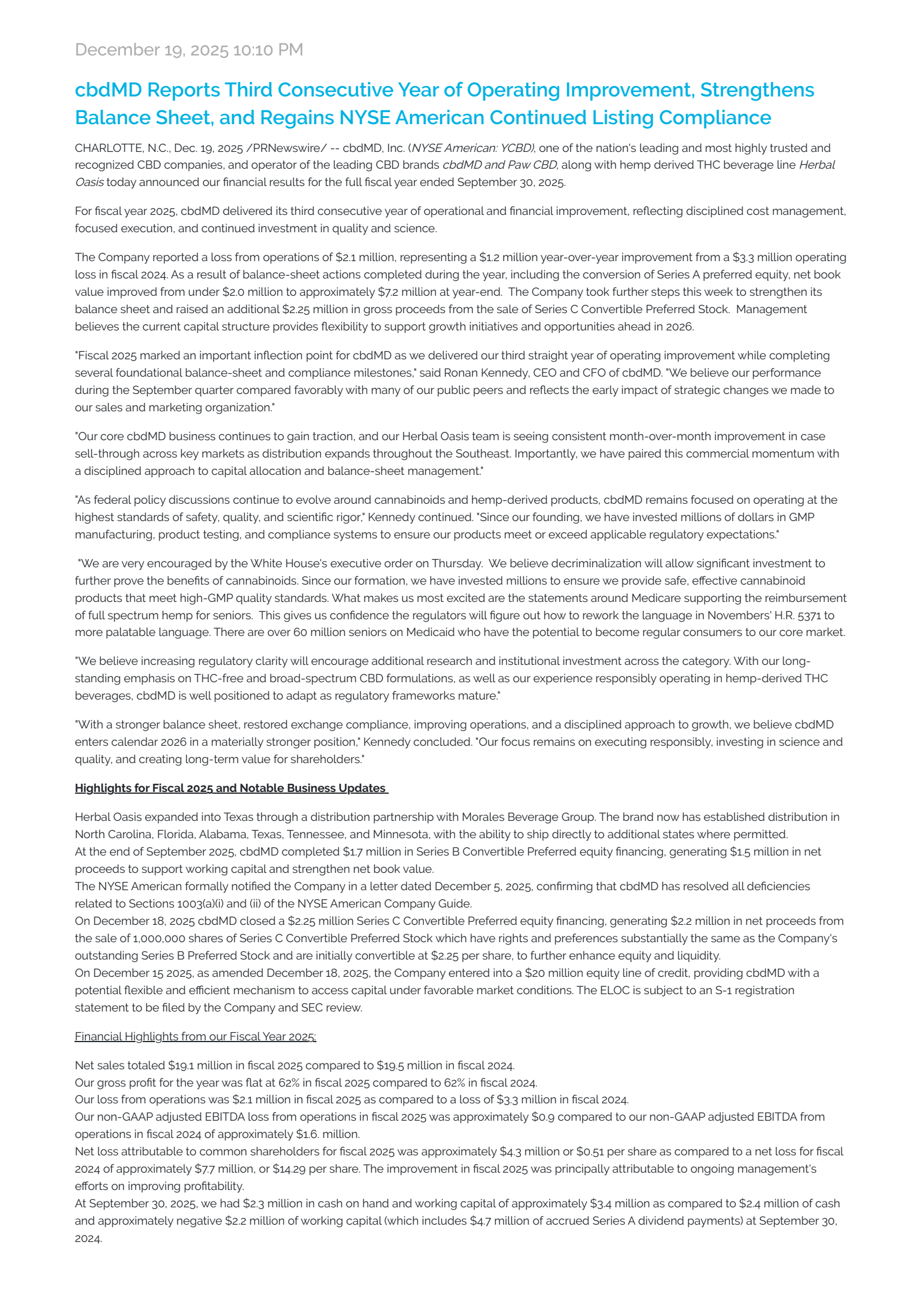 cbdMD's Q4 2025 Earnings Release