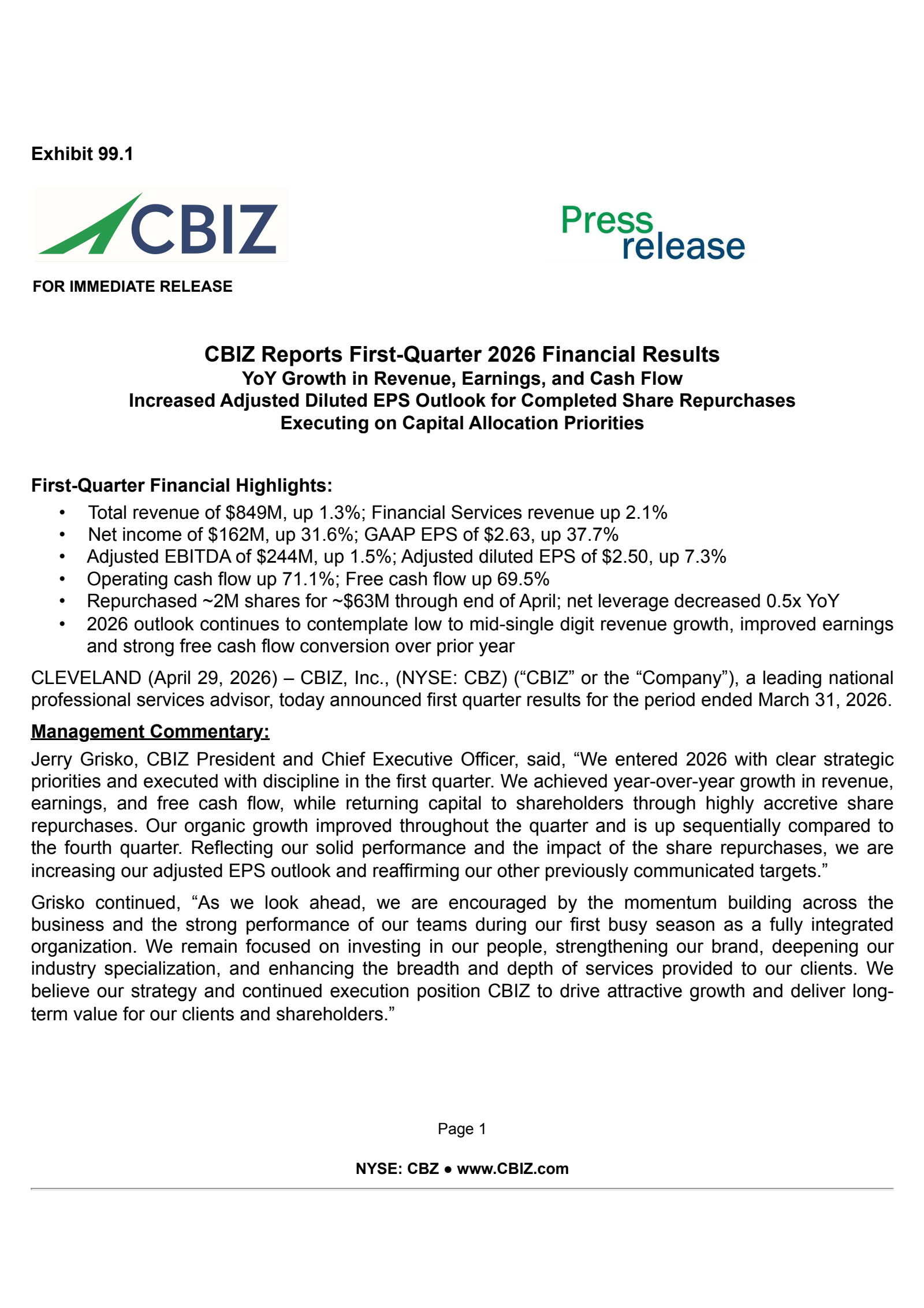 CBIZ's Q1 2026 Press Release