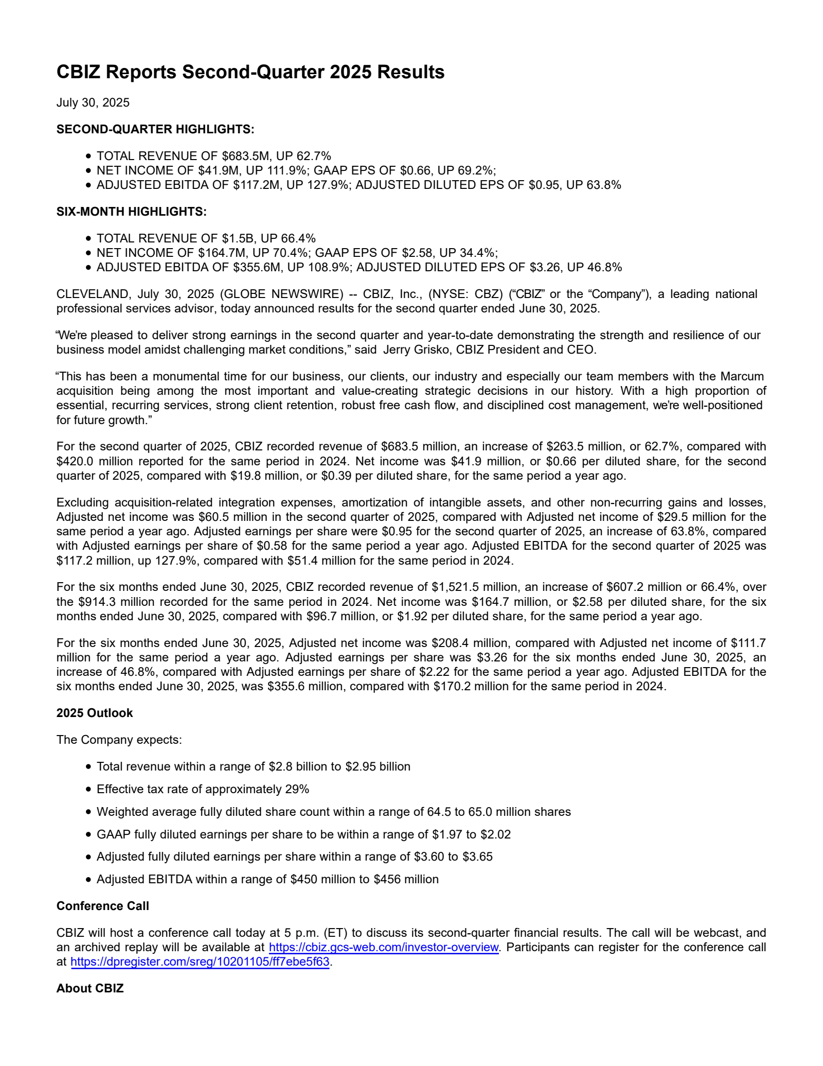 CBIZ's Q2 2025 Press Release
