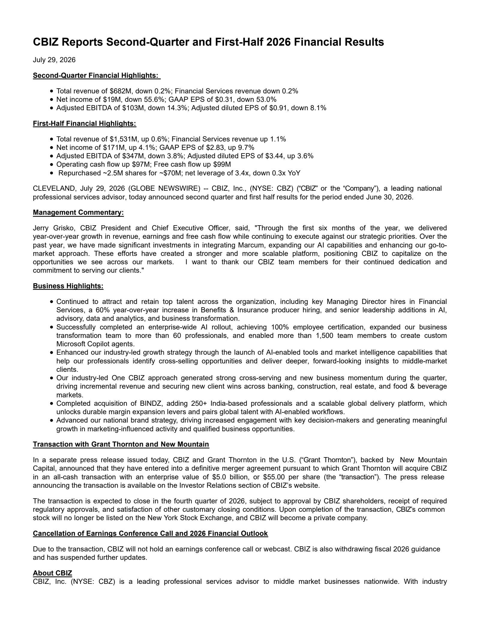 CBIZ's Q2 2026 Press Release