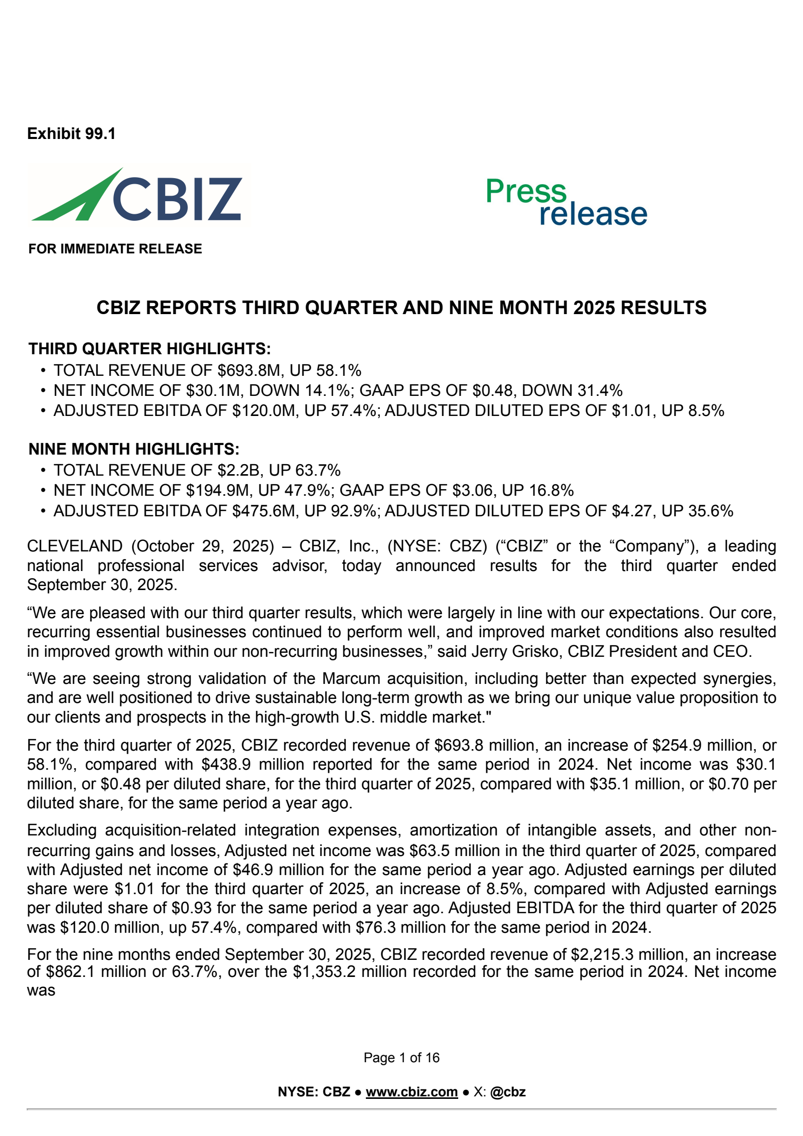 CBIZ's Q3 2025 Earnings Release