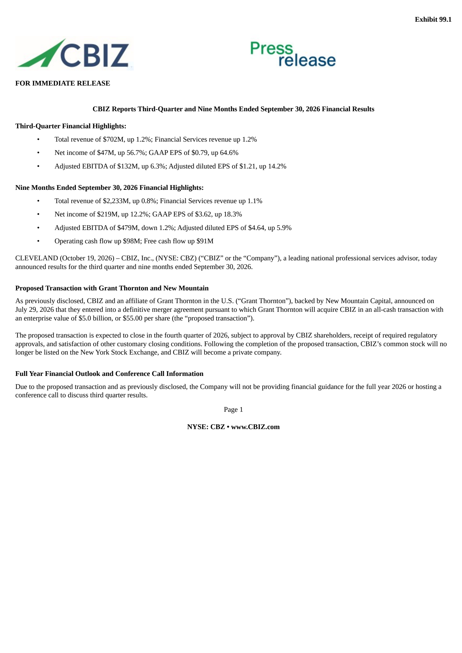 CBIZ's Q3 2026 Press Release