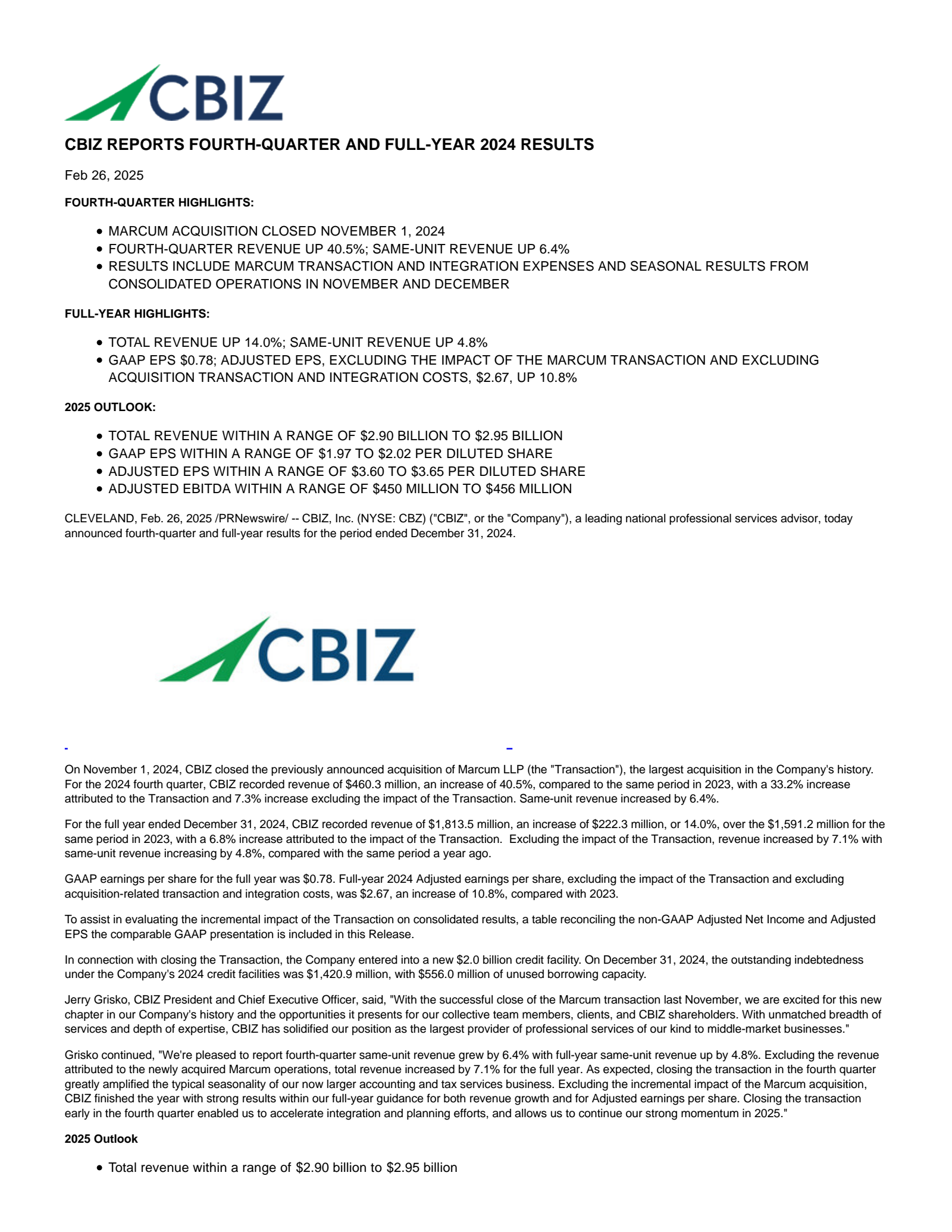CBIZ's Q4 2024 Press Release