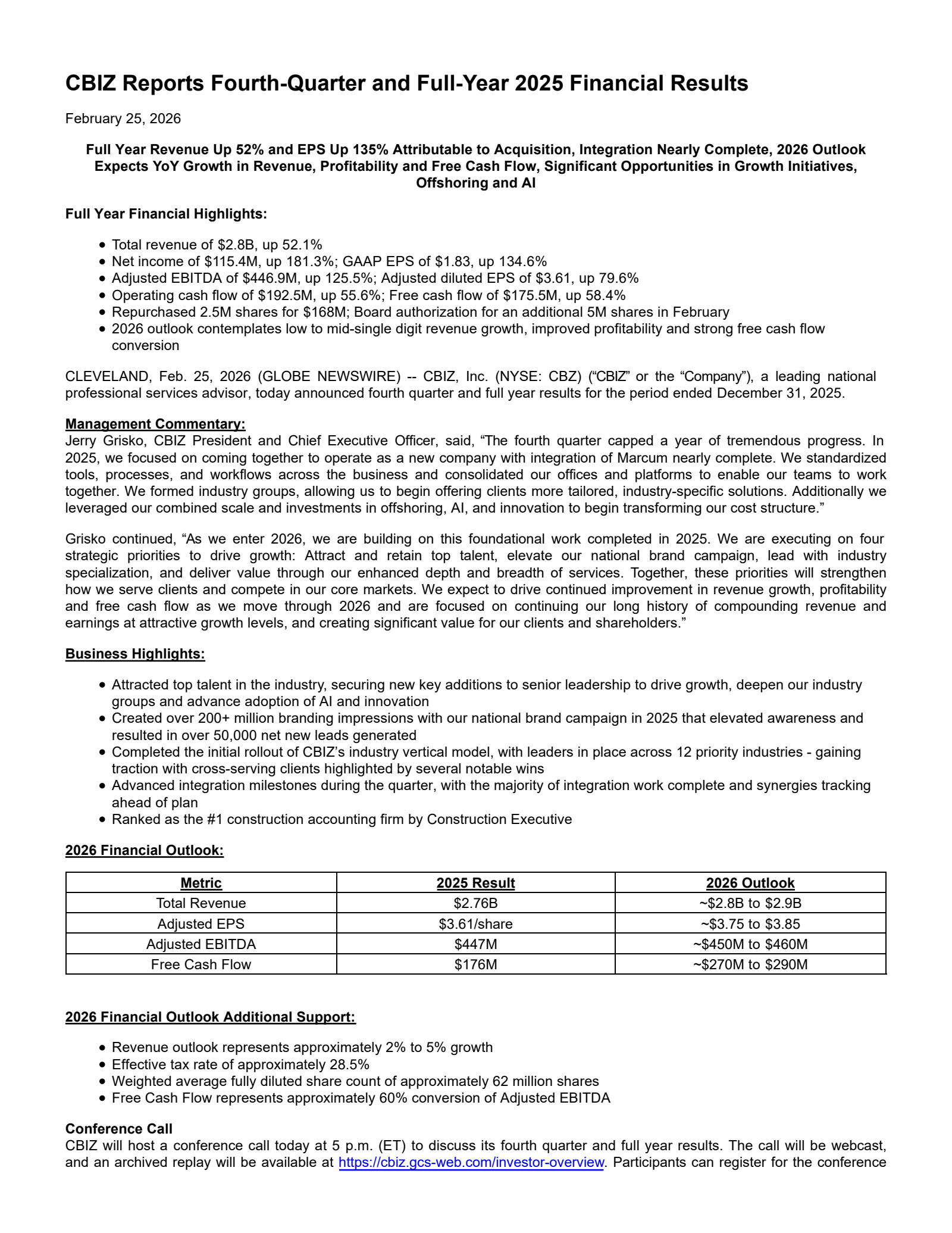 CBIZ's Q4 2025 Press Release