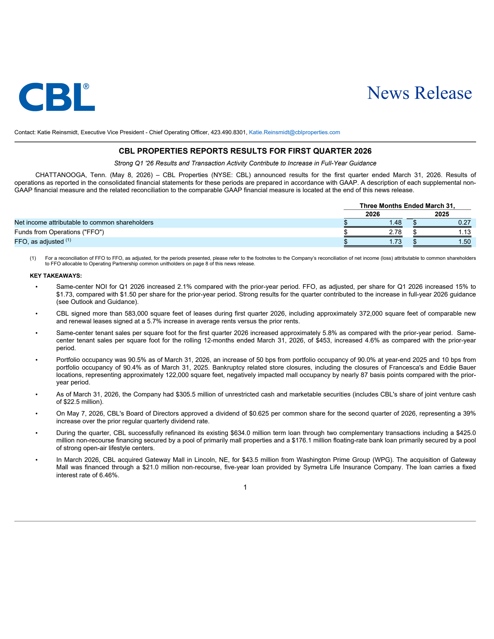 CBL & Associates Properties' Q1 2026 Press Release