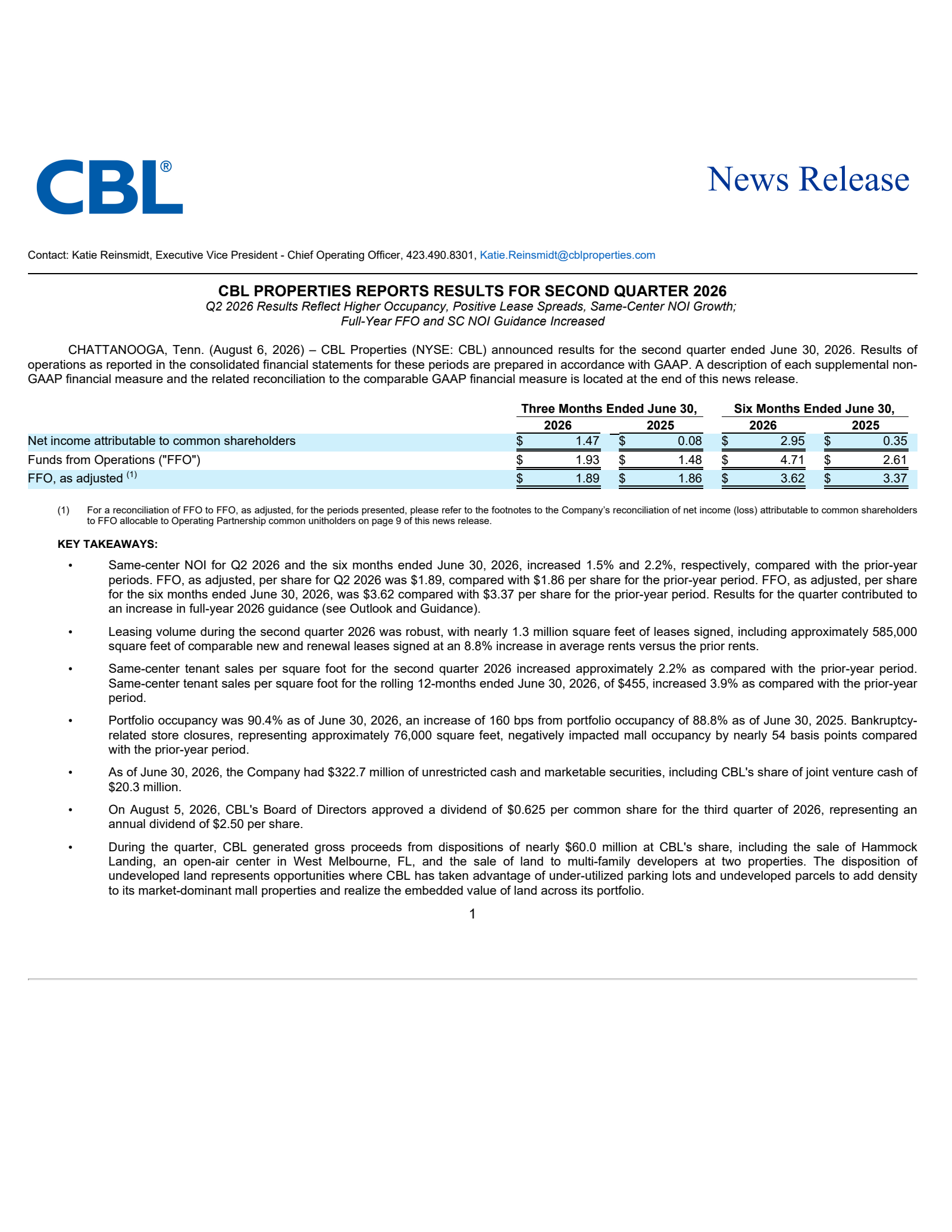 CBL & Associates Properties' Q2 2026 Press Release