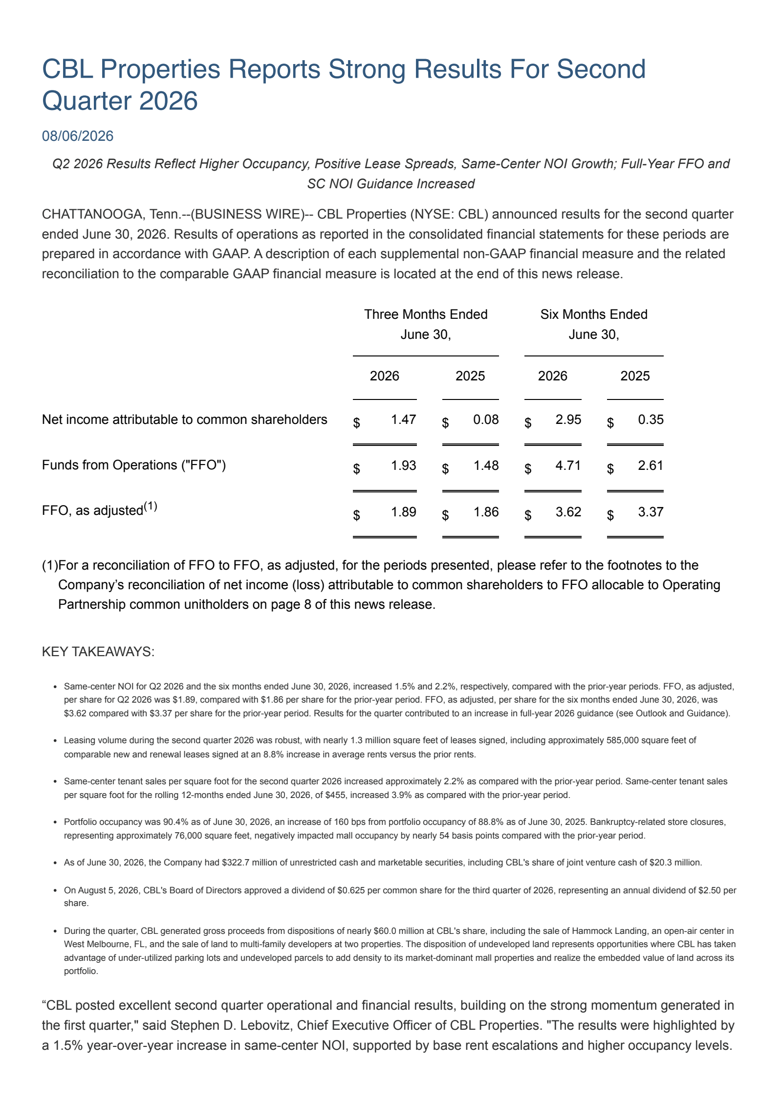 CBL & Associates Properties' Q2 2026 Press Release