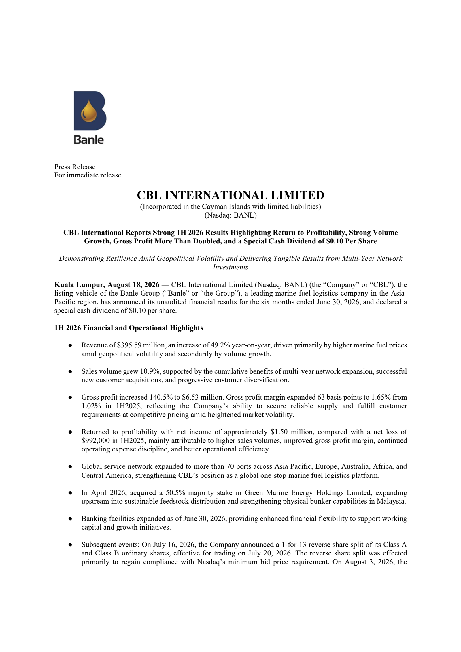CBL International's Q2 2026 Press Release