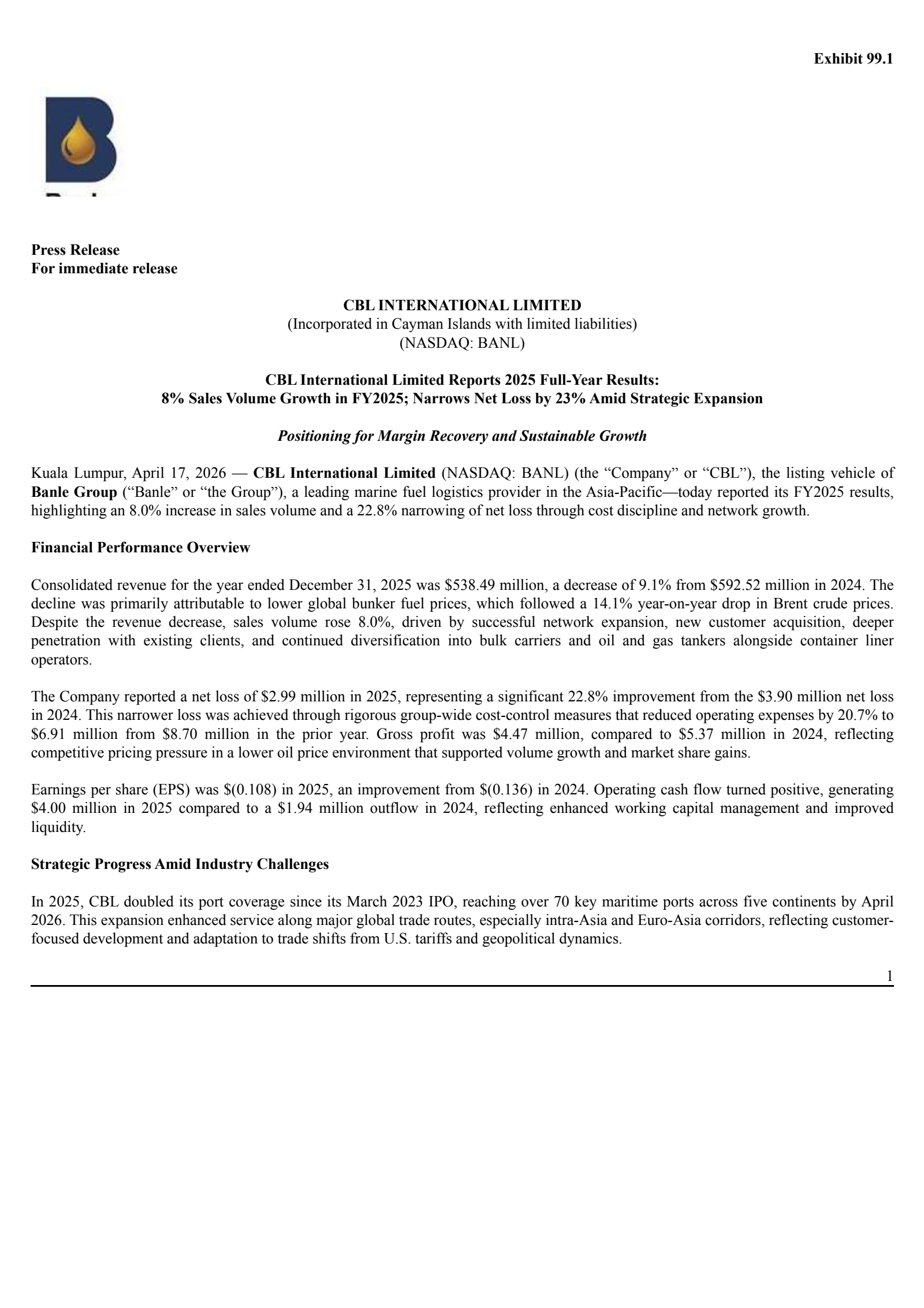 CBL International's Q4 2025 Press Release