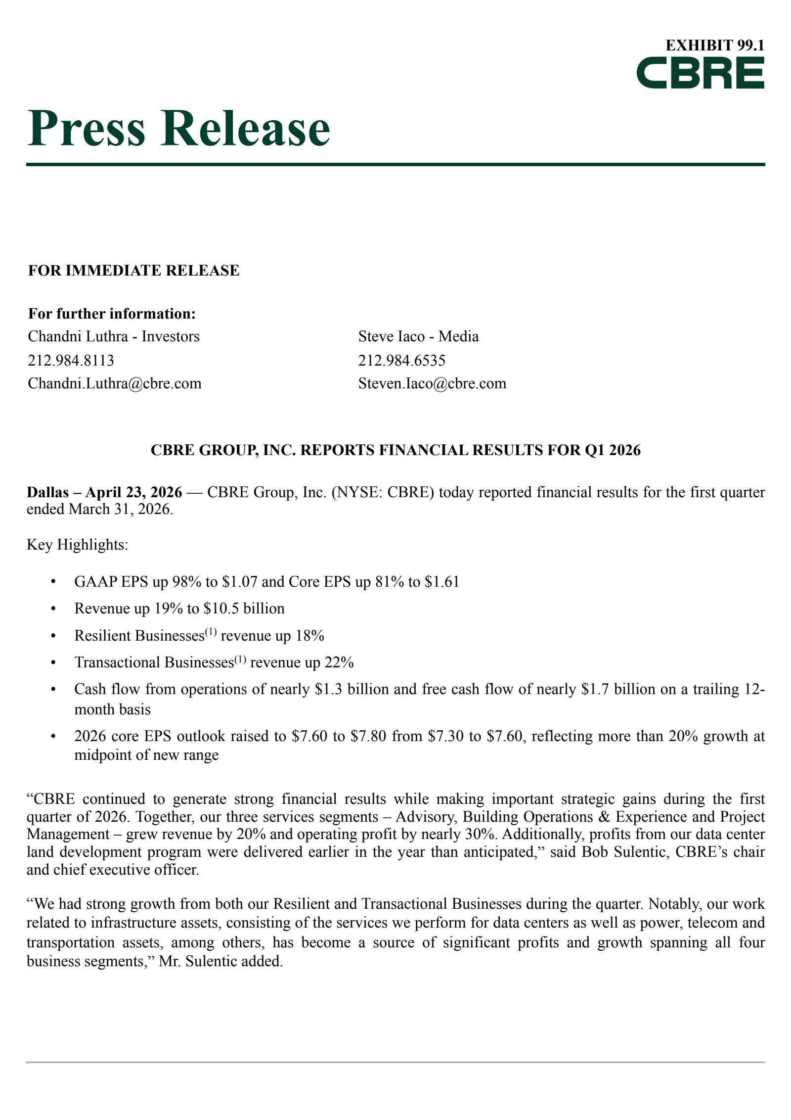 CBRE Group's Q1 2026 Press Release
