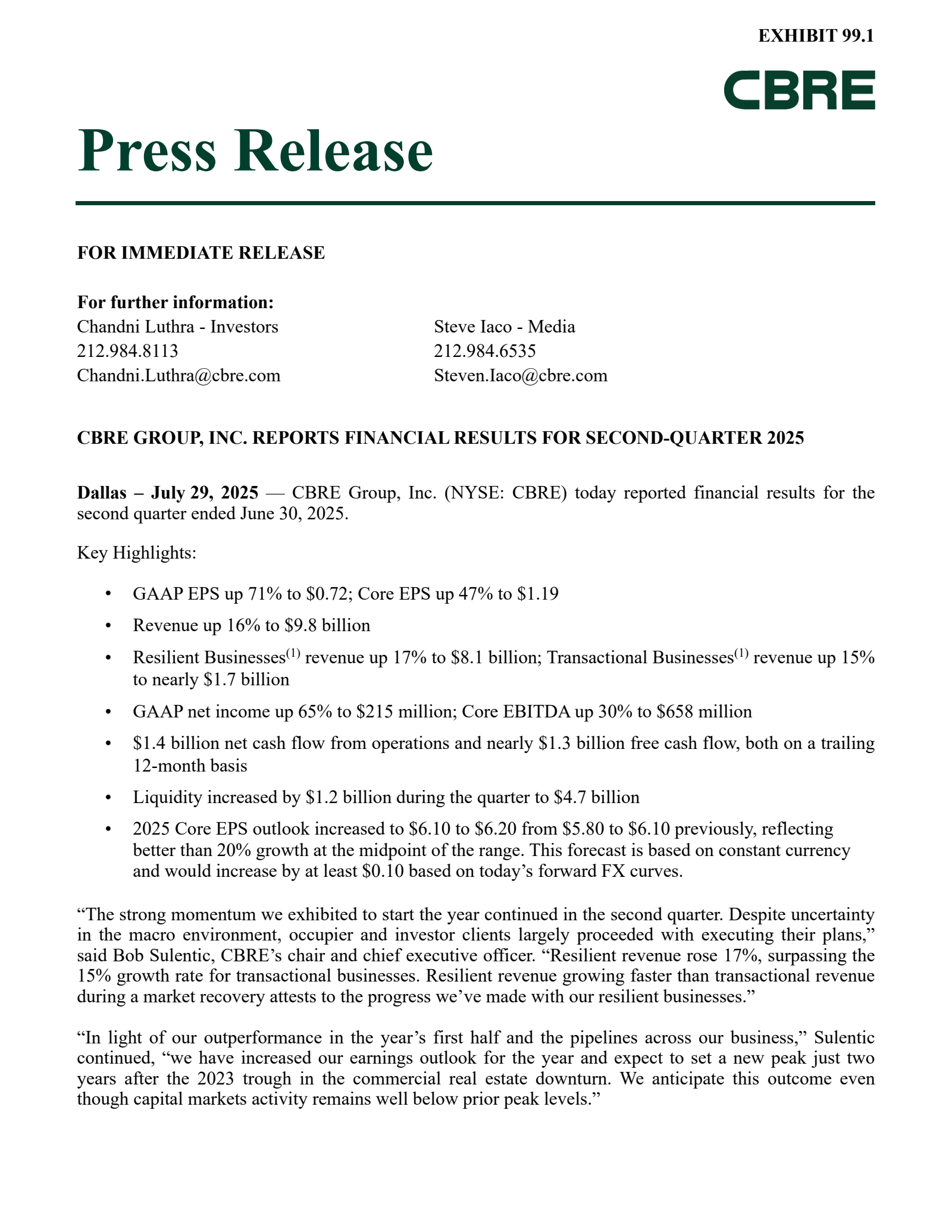 CBRE Group's Q2 2025 Press Release