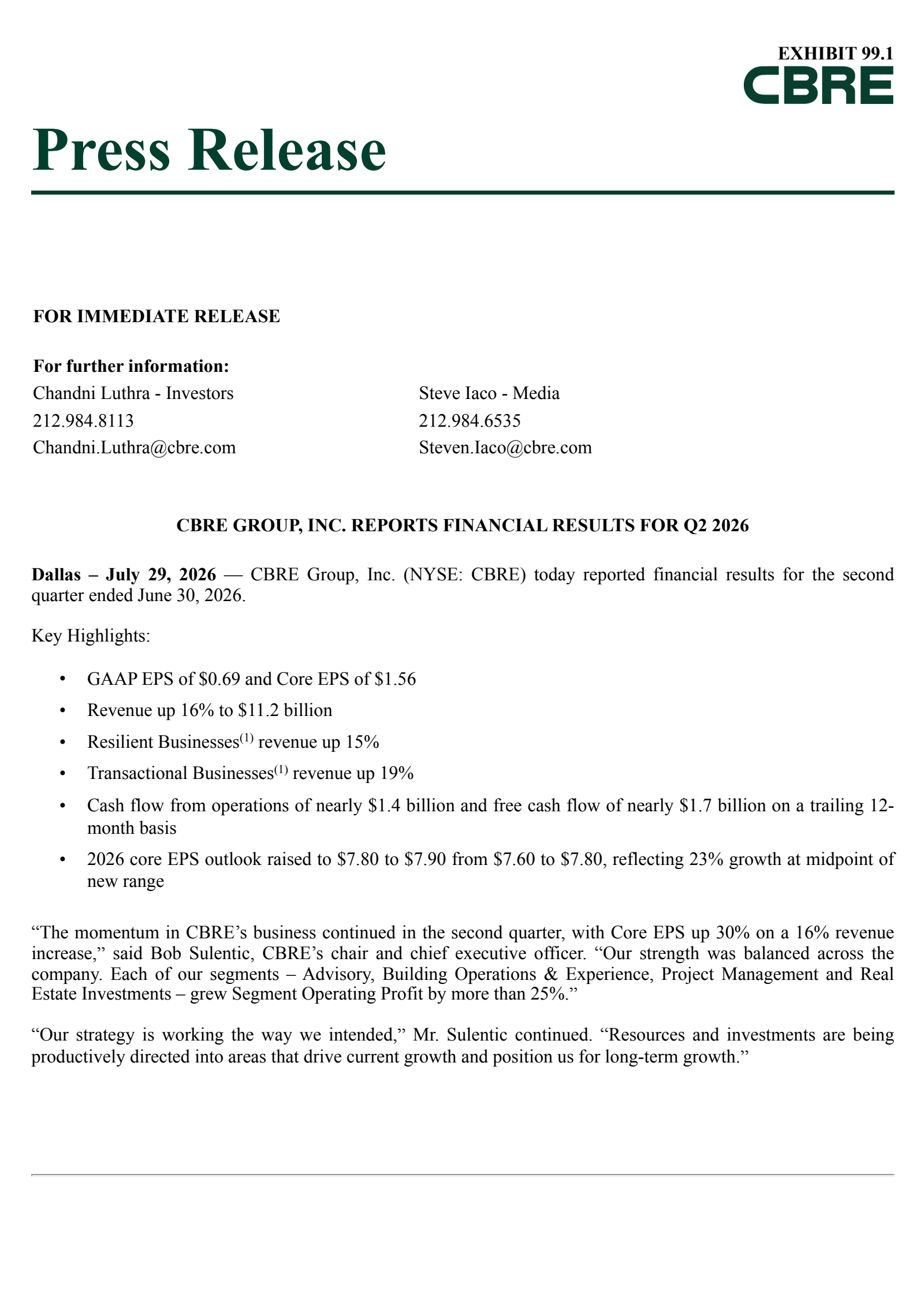 CBRE Group's Q2 2026 Press Release